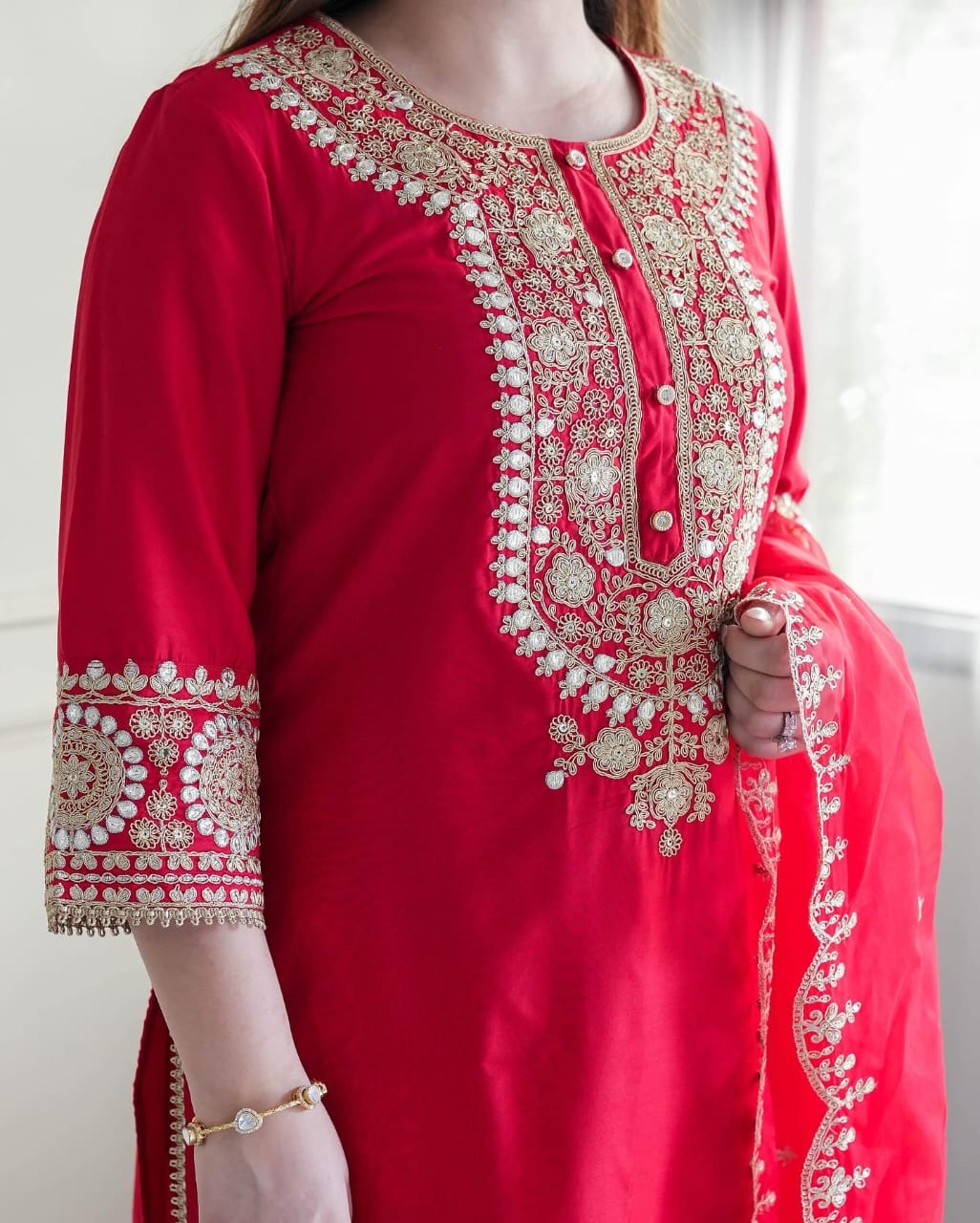 Premium Red Heavy Work Silk Suit