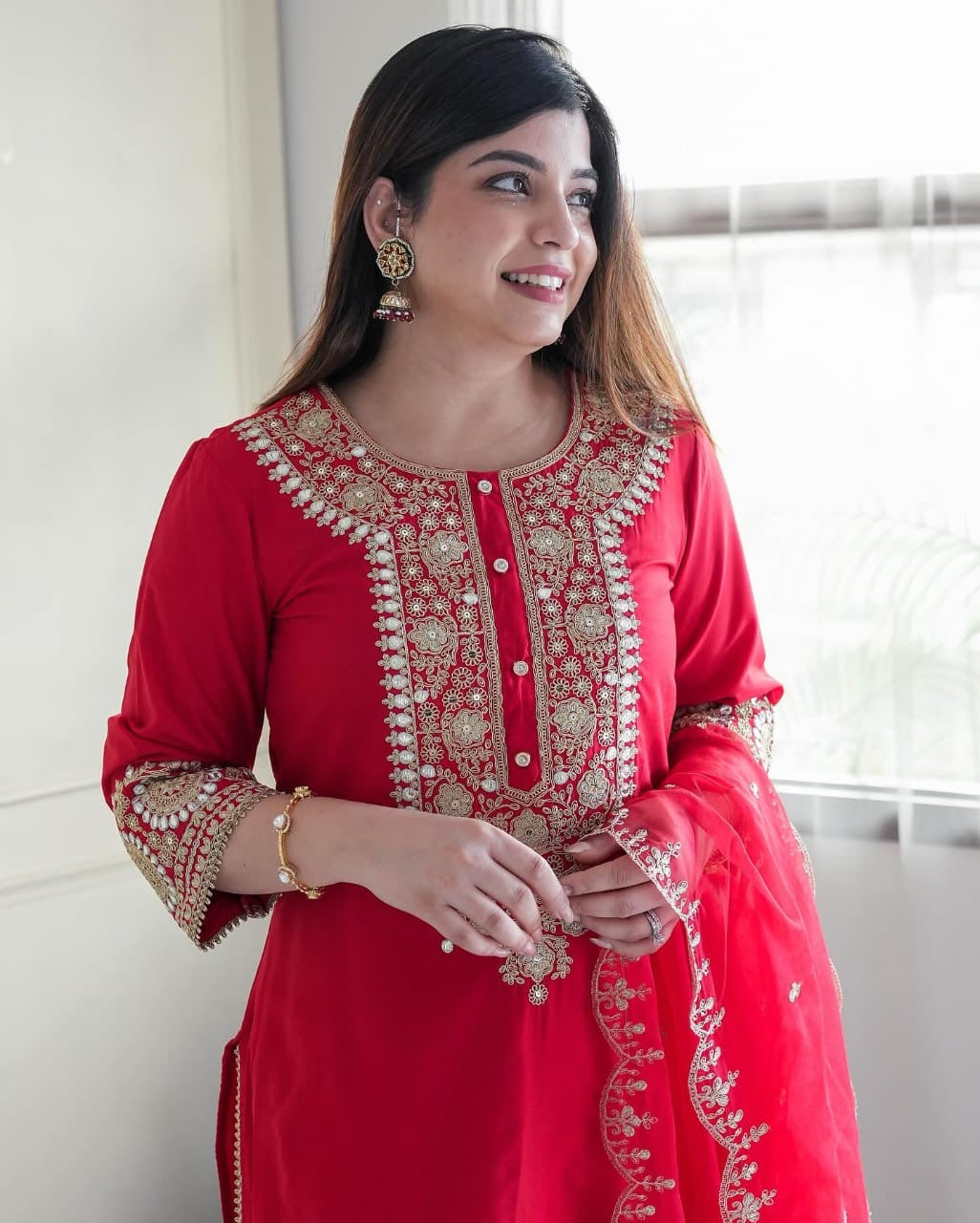 Premium Red Heavy Work Silk Suit
