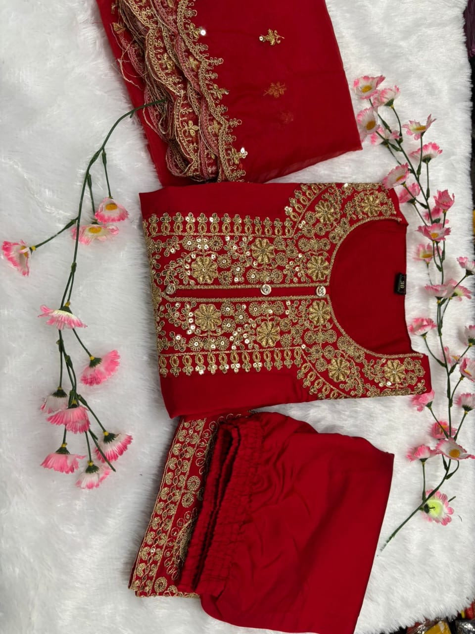 Premium Red Heavy Work Silk Suit