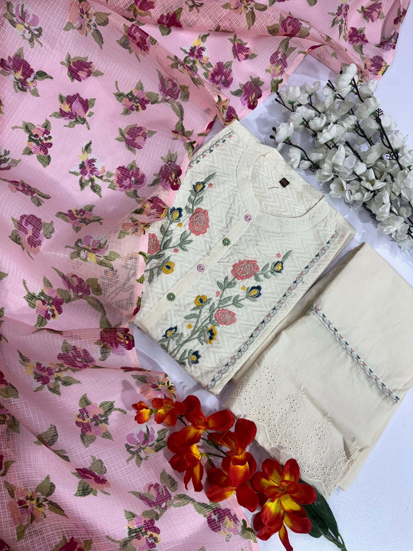 Stylish Dobby Cotton Shifli Work Kurti Pant Dupatta Set