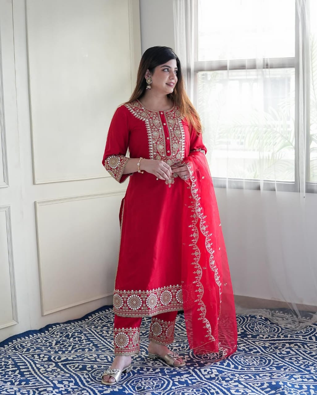 Premium Red Heavy Work Silk Suit
