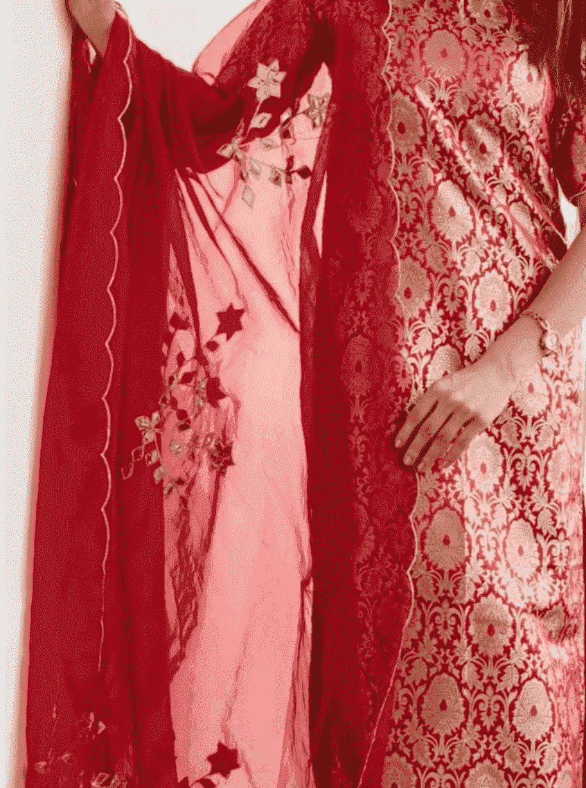 Red Banarasi Brocade Suit Set with Gota Patti Work