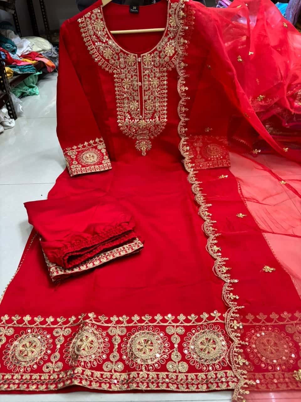 Premium Red Heavy Work Silk Suit