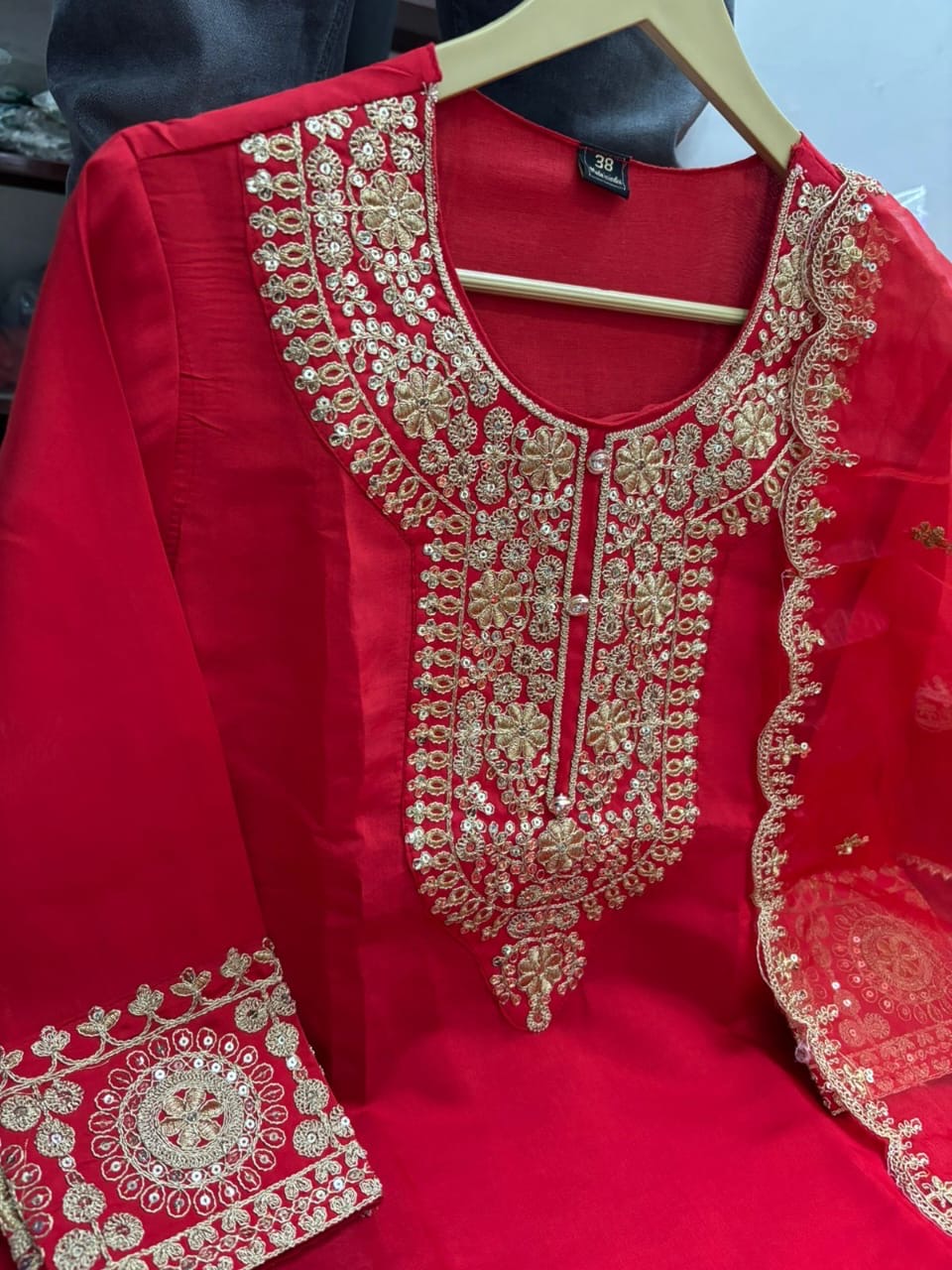 Premium Red Heavy Work Silk Suit