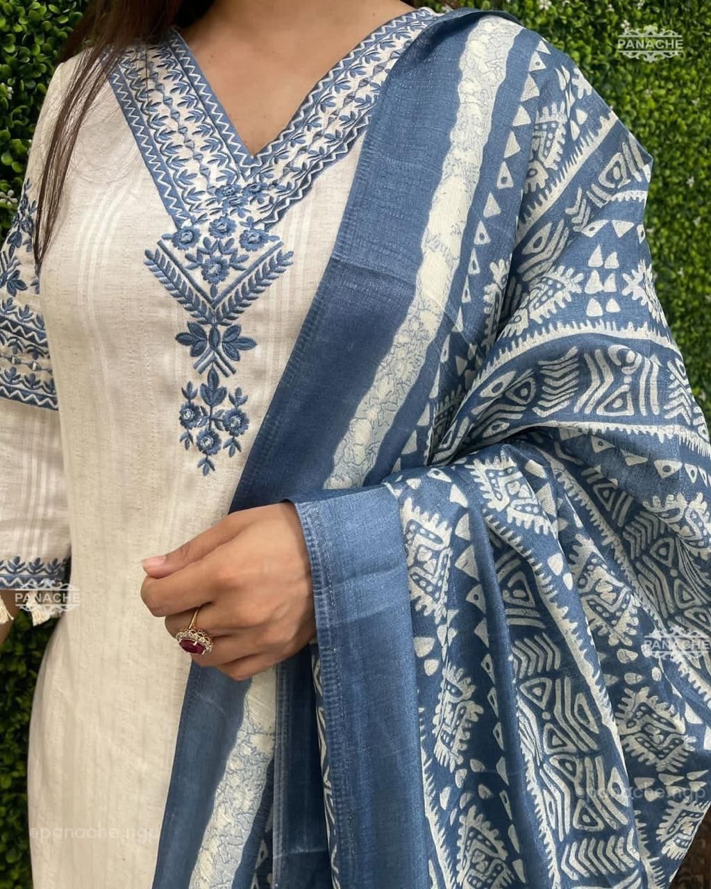 Blue And White Cotton Embroidered Katha Suite Sets