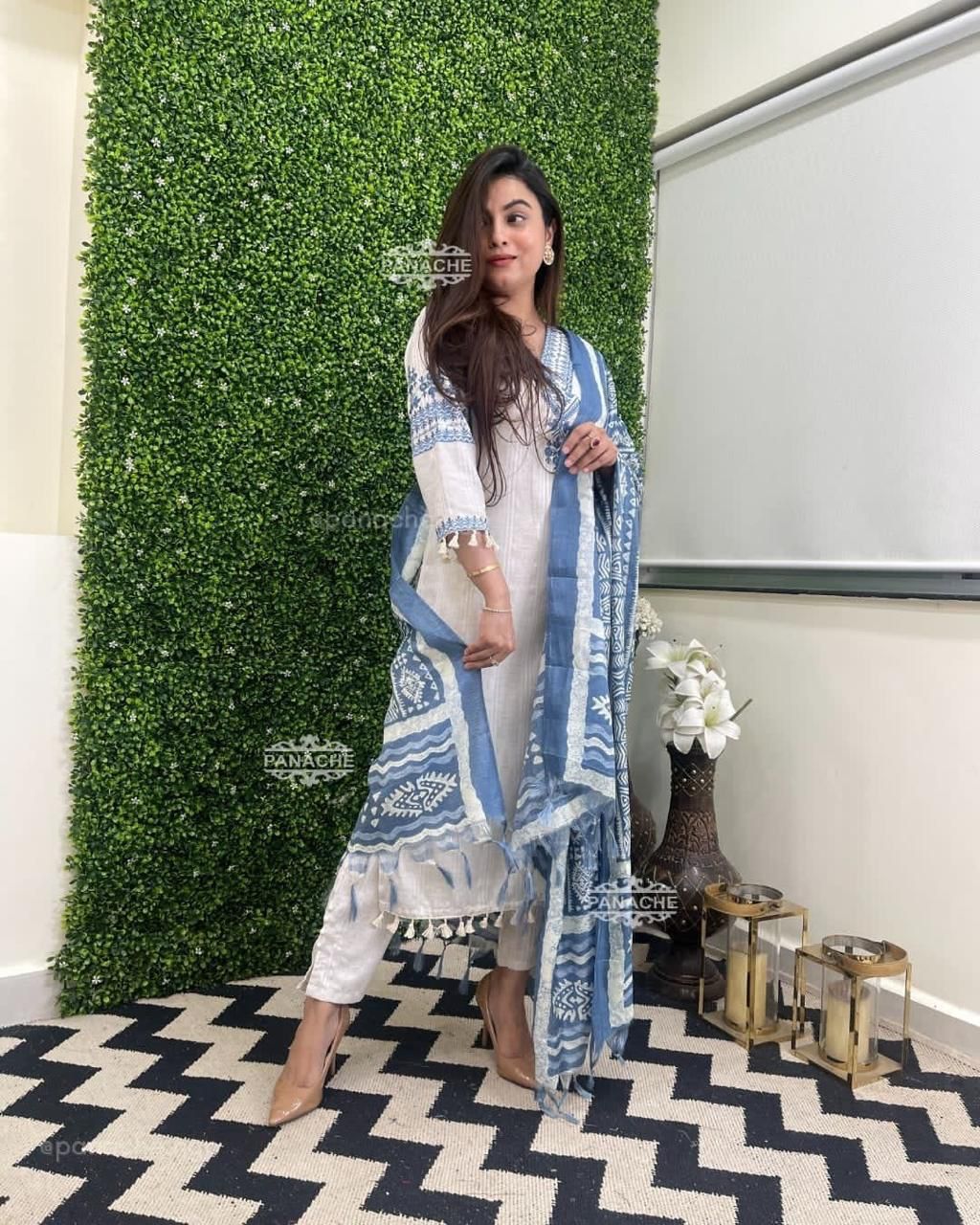 Blue And White Cotton Embroidered Katha Suite Sets