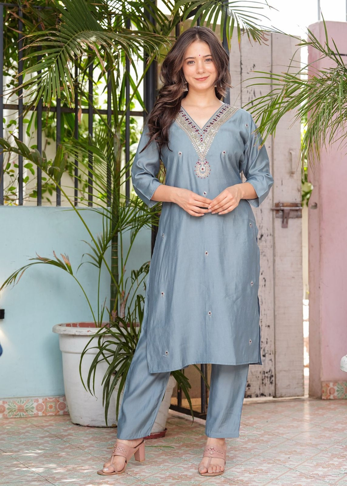 Beautiful Roman Modal Silk Kurti With Classy Comfort Pant And Silk Printed Dupatta