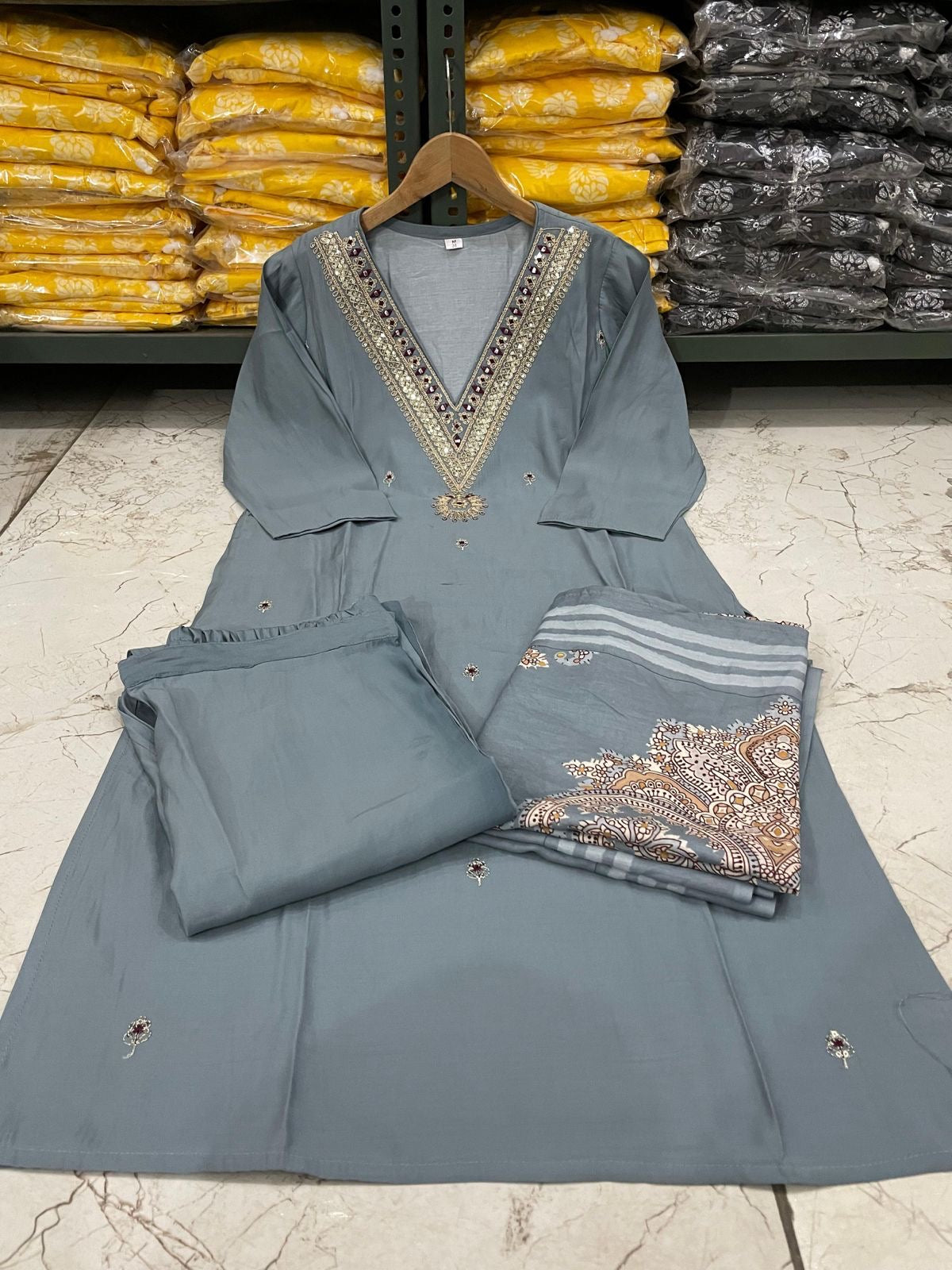 Beautiful Roman Modal Silk Kurti With Classy Comfort Pant And Silk Printed Dupatta