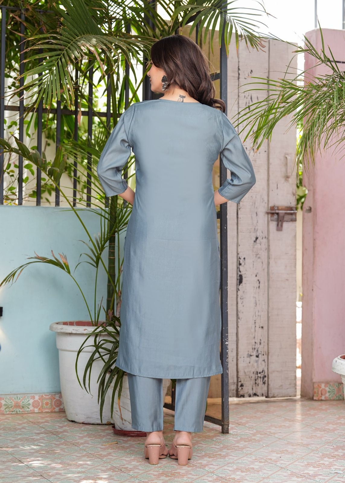 Beautiful Roman Modal Silk Kurti With Classy Comfort Pant And Silk Printed Dupatta