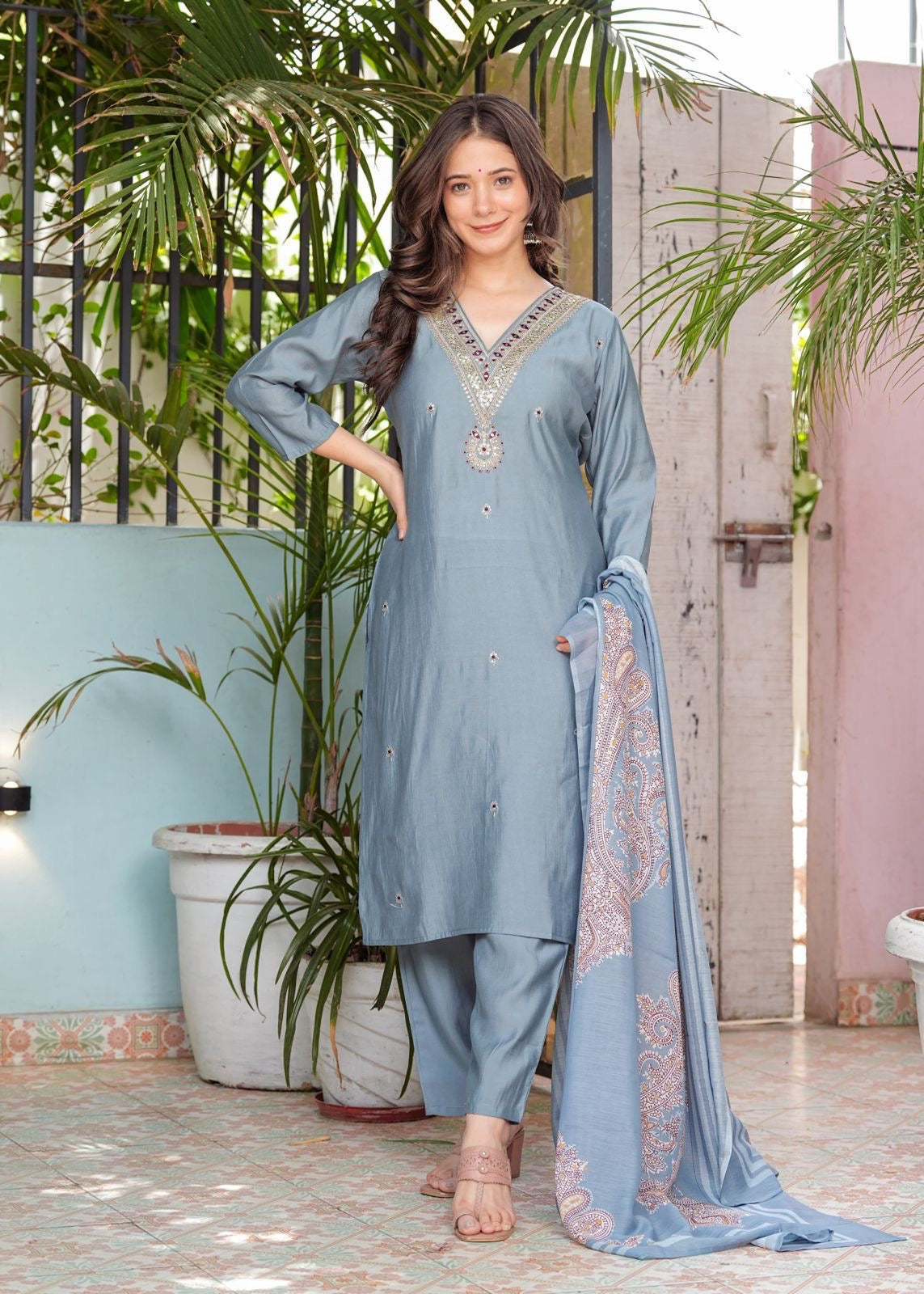 Beautiful Roman Modal Silk Kurti With Classy Comfort Pant And Silk Printed Dupatta