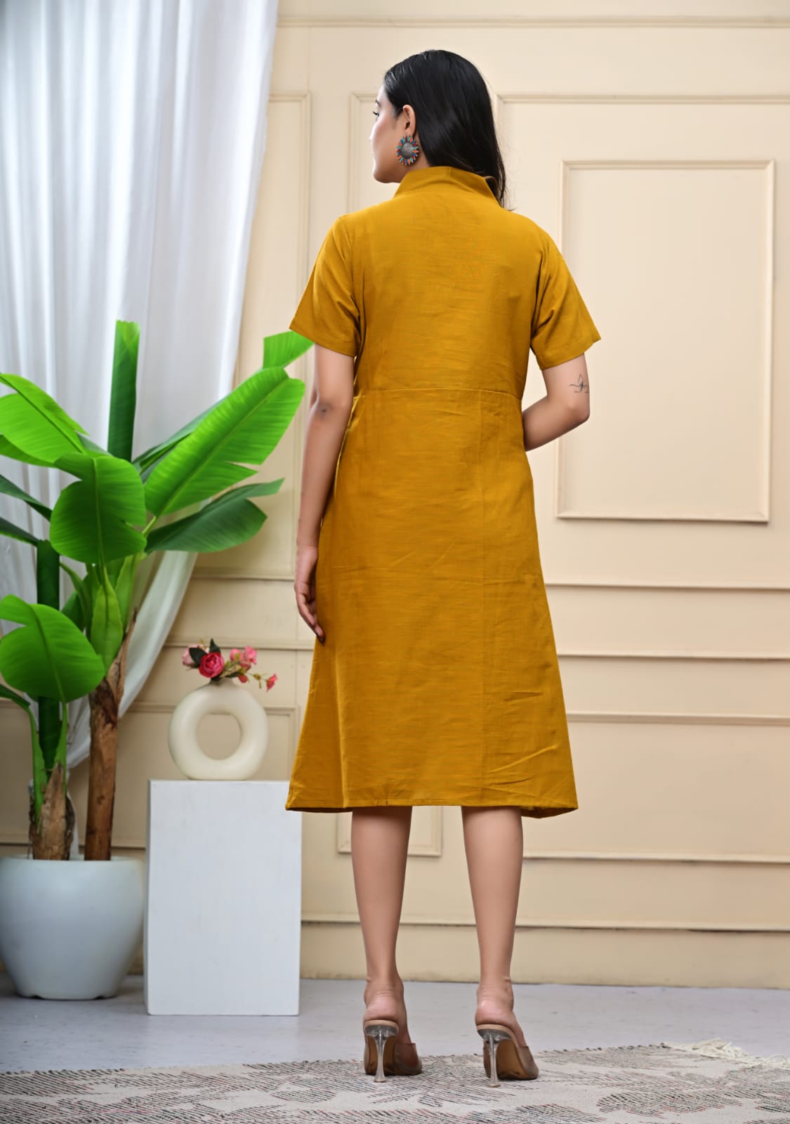 Boho Breeze Cotton Slub Dress With Pocket (Mustard)
