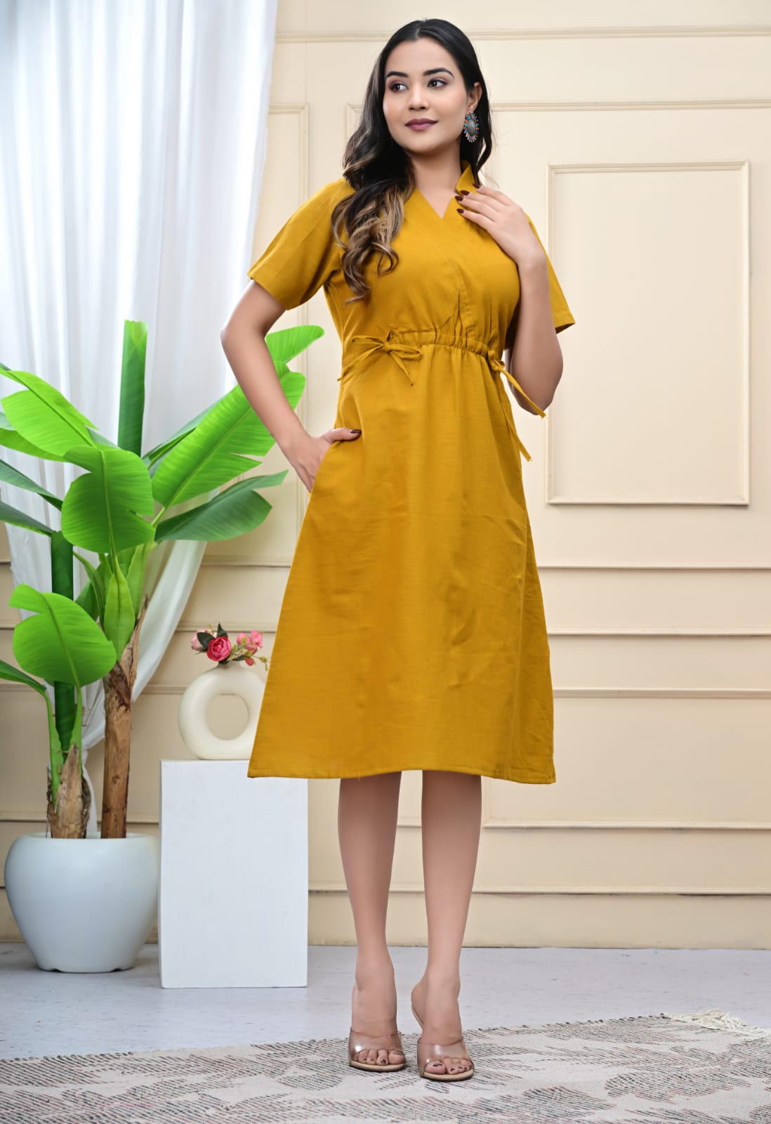 Boho Breeze Cotton Slub Dress With Pocket (Mustard)