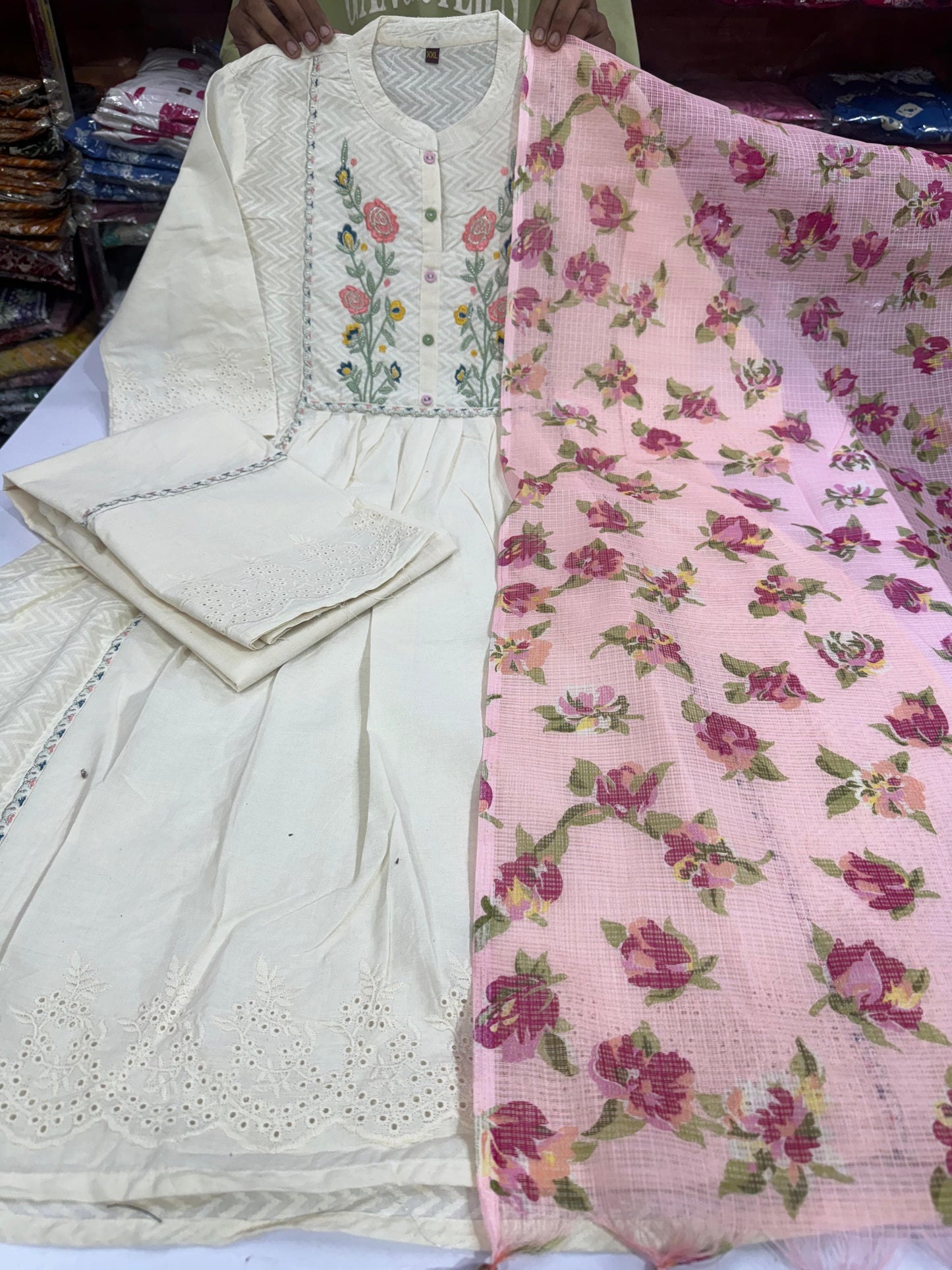 Stylish Dobby Cotton Shifli Work Kurti Pant Dupatta Set