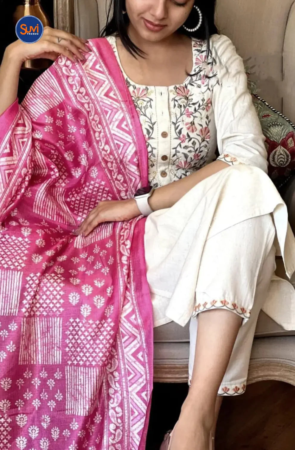 Khaadi Cotton Embroidered Kurta Pant And Dupatta Set