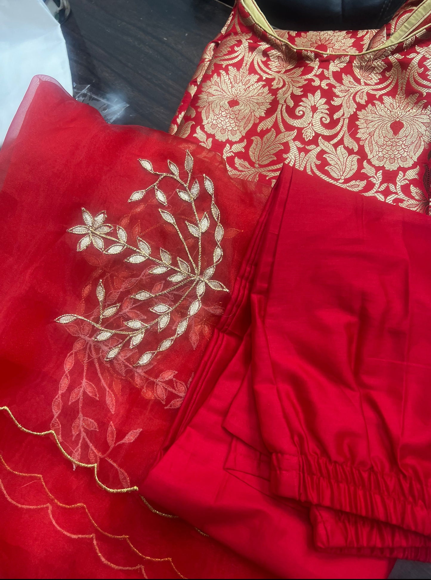 Red Banarasi Brocade Suit Set with Gota Patti Work