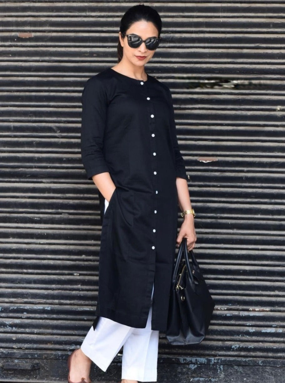 Formal Office Wear Black And White Jam Cotton Classy Kurta Set