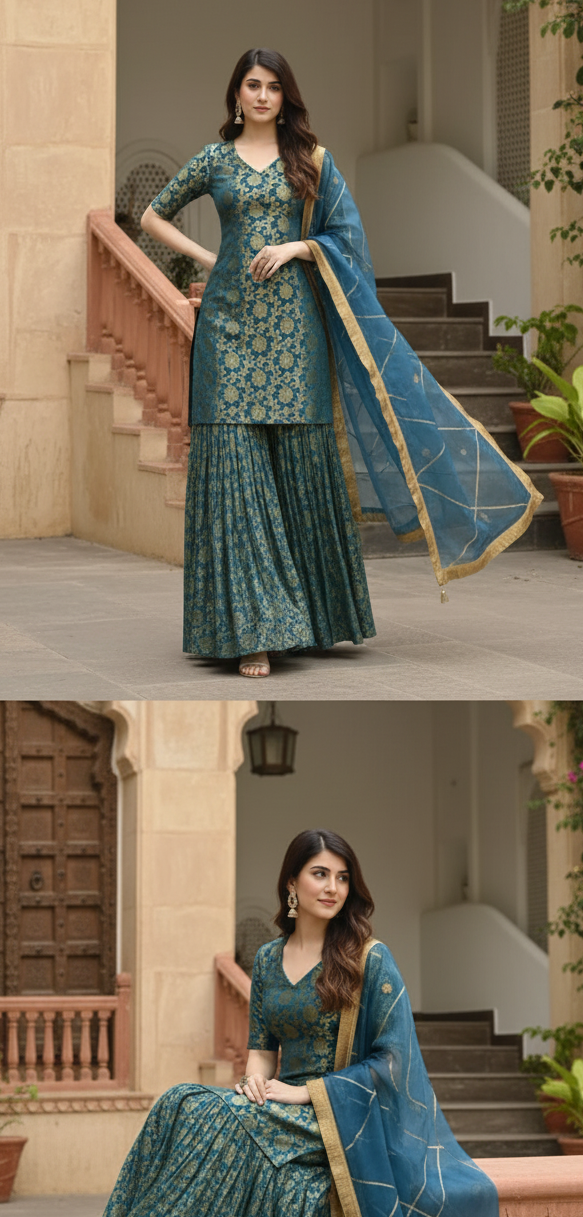 Teal Blue Brocade Sharara Set with Zari Woven Dupatta