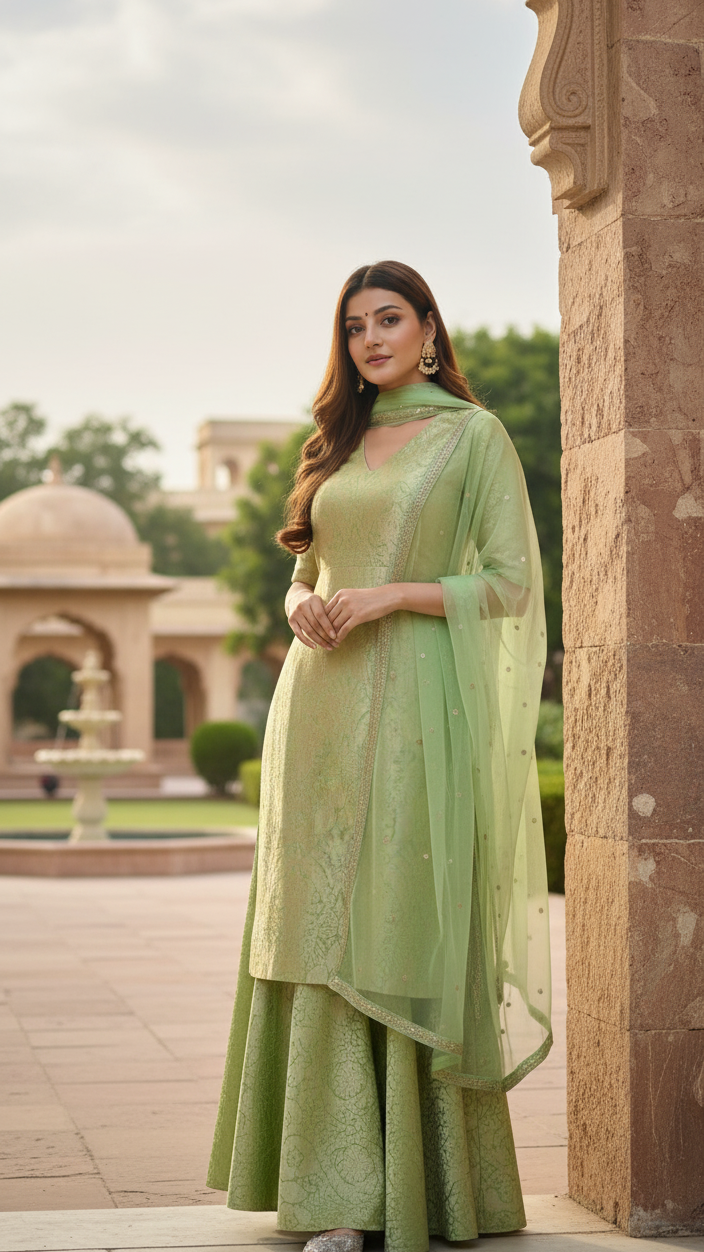 The Avanti Brocade V-Neck Kurta and Flared Sharara Ensemble