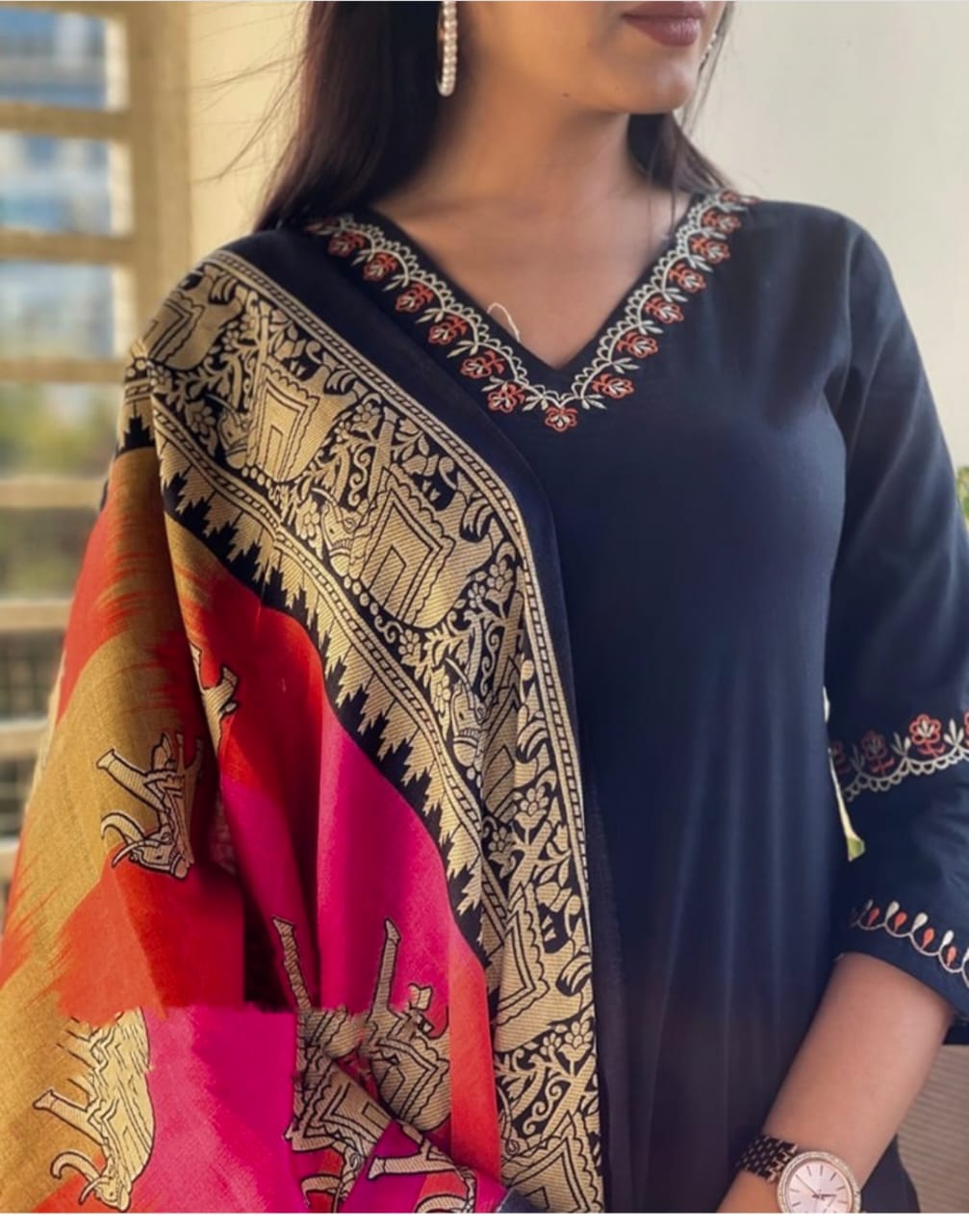 Black Cotton Kurta Pant And Dupatta Set
