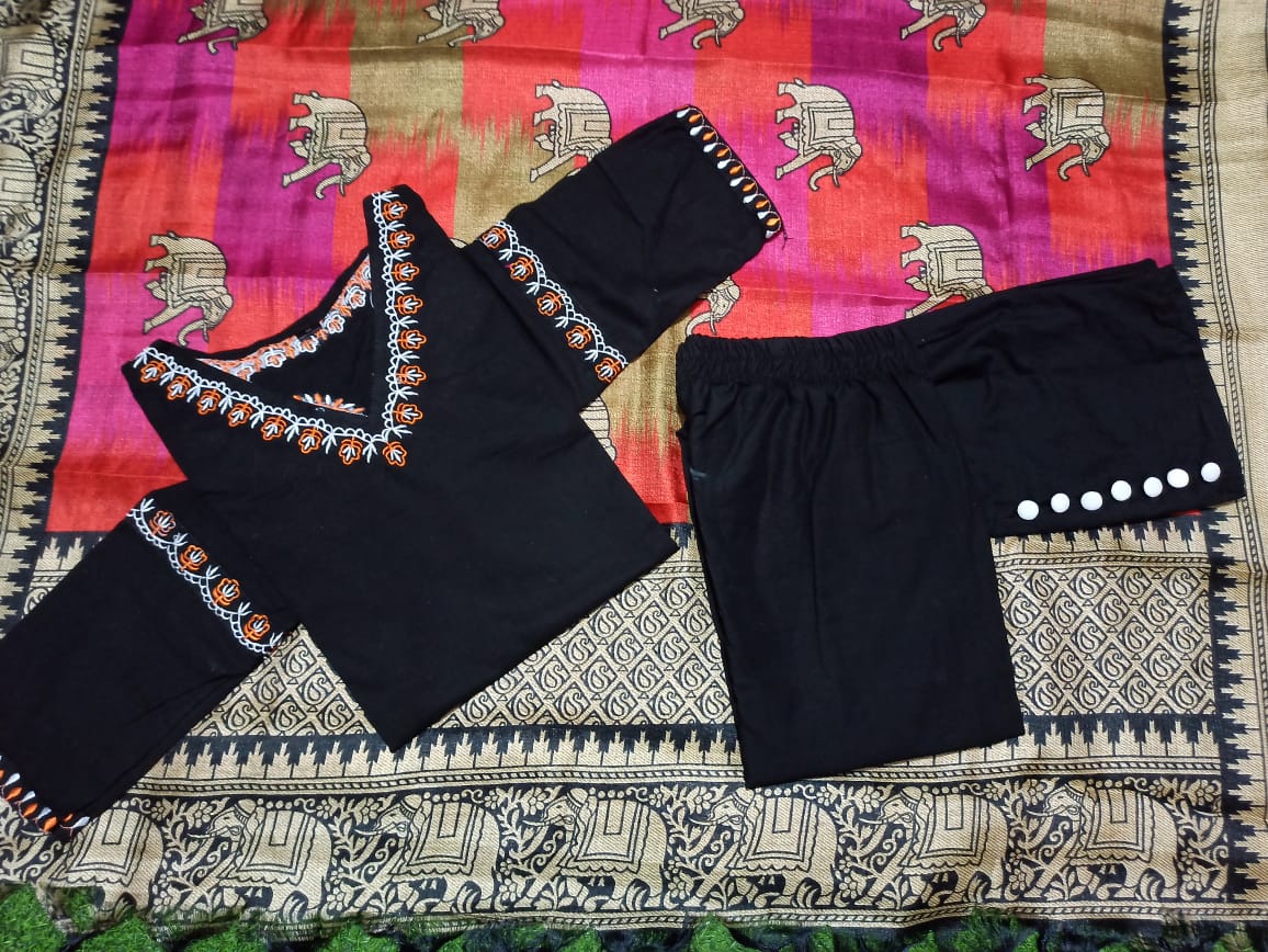 Black Cotton Kurta Pant And Dupatta Set