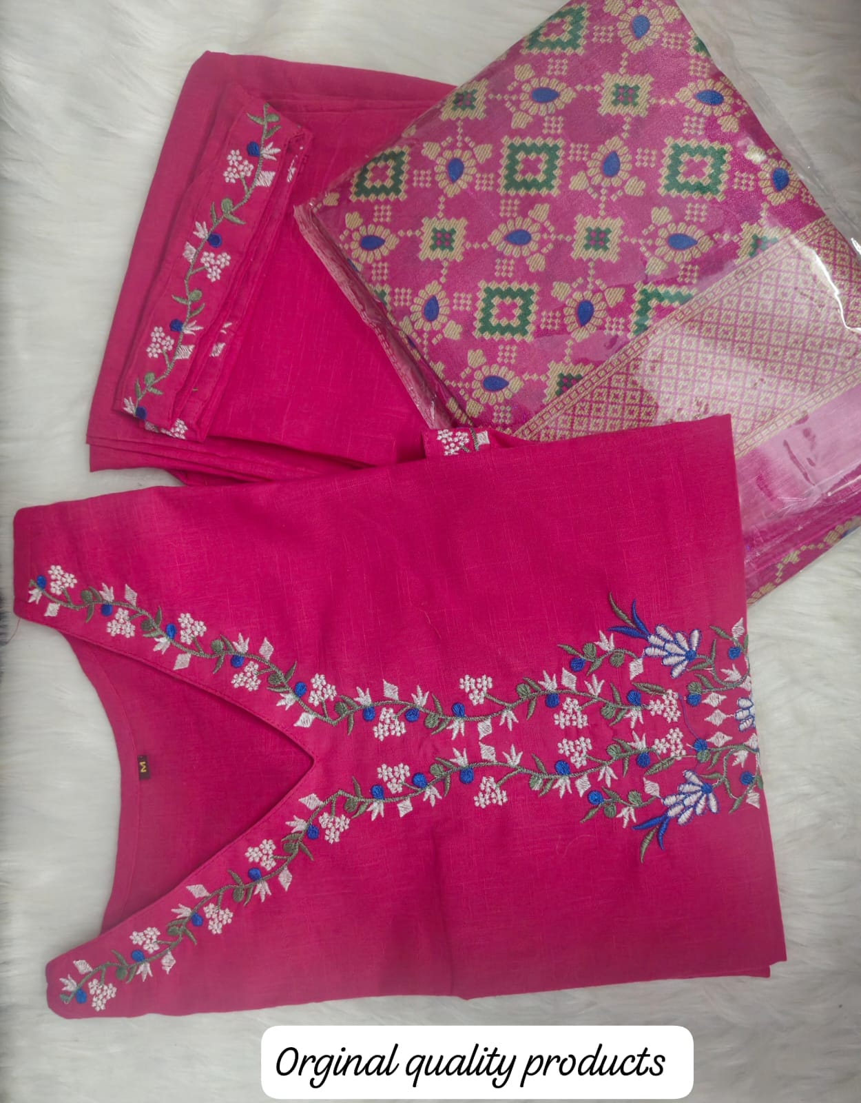 Heavy Cotton Embroidery Work Suit Set With Art Silk Dupatta Pink Color