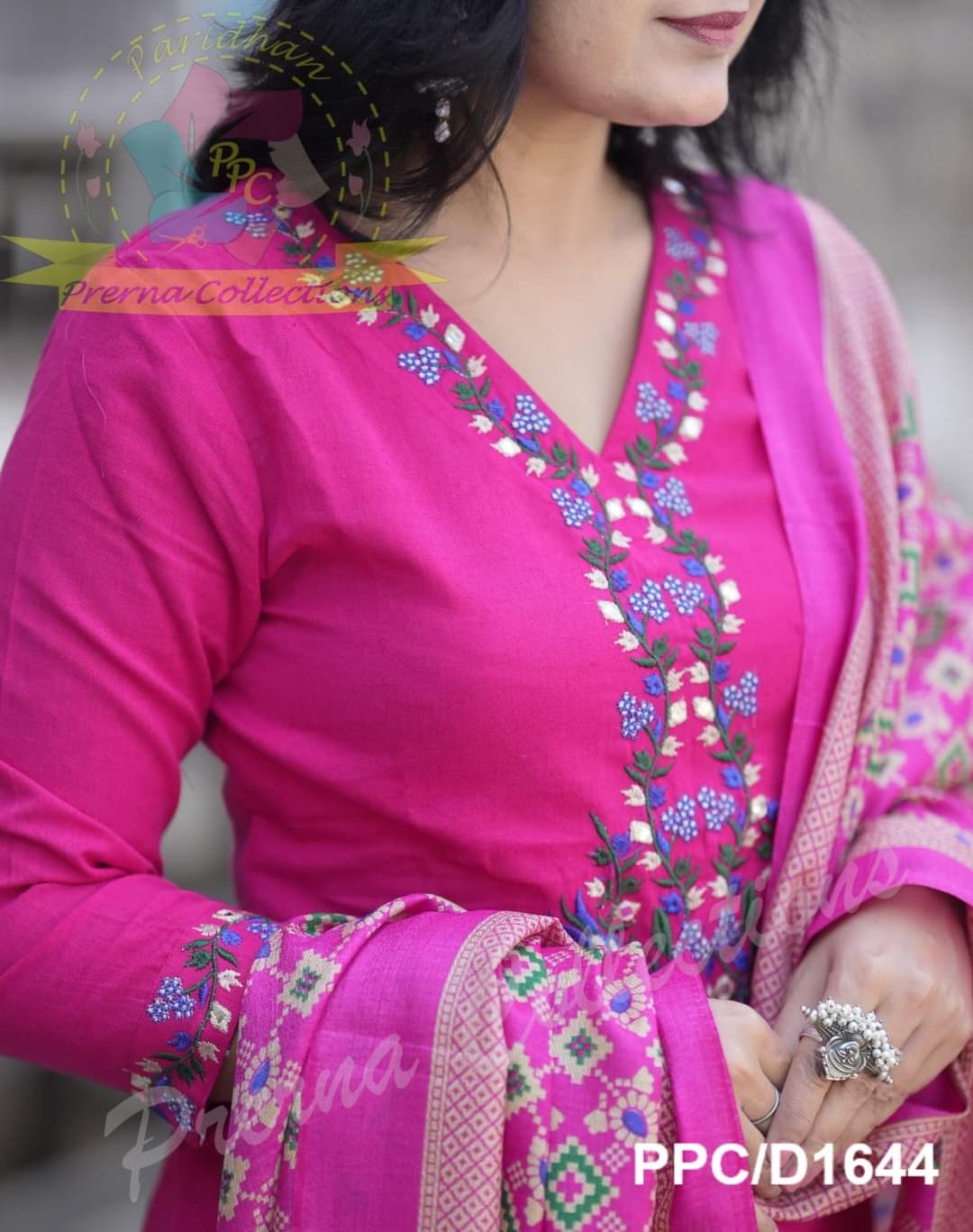 Heavy Cotton Embroidery Work Suit Set With Art Silk Dupatta Pink Color