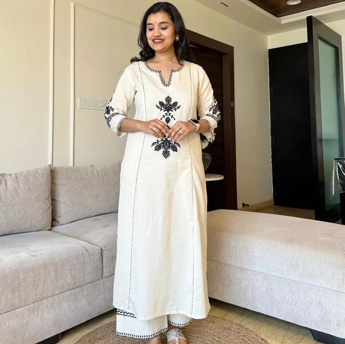 Khadi Cotton Classy, Embroidered Kurta Palazzo Set