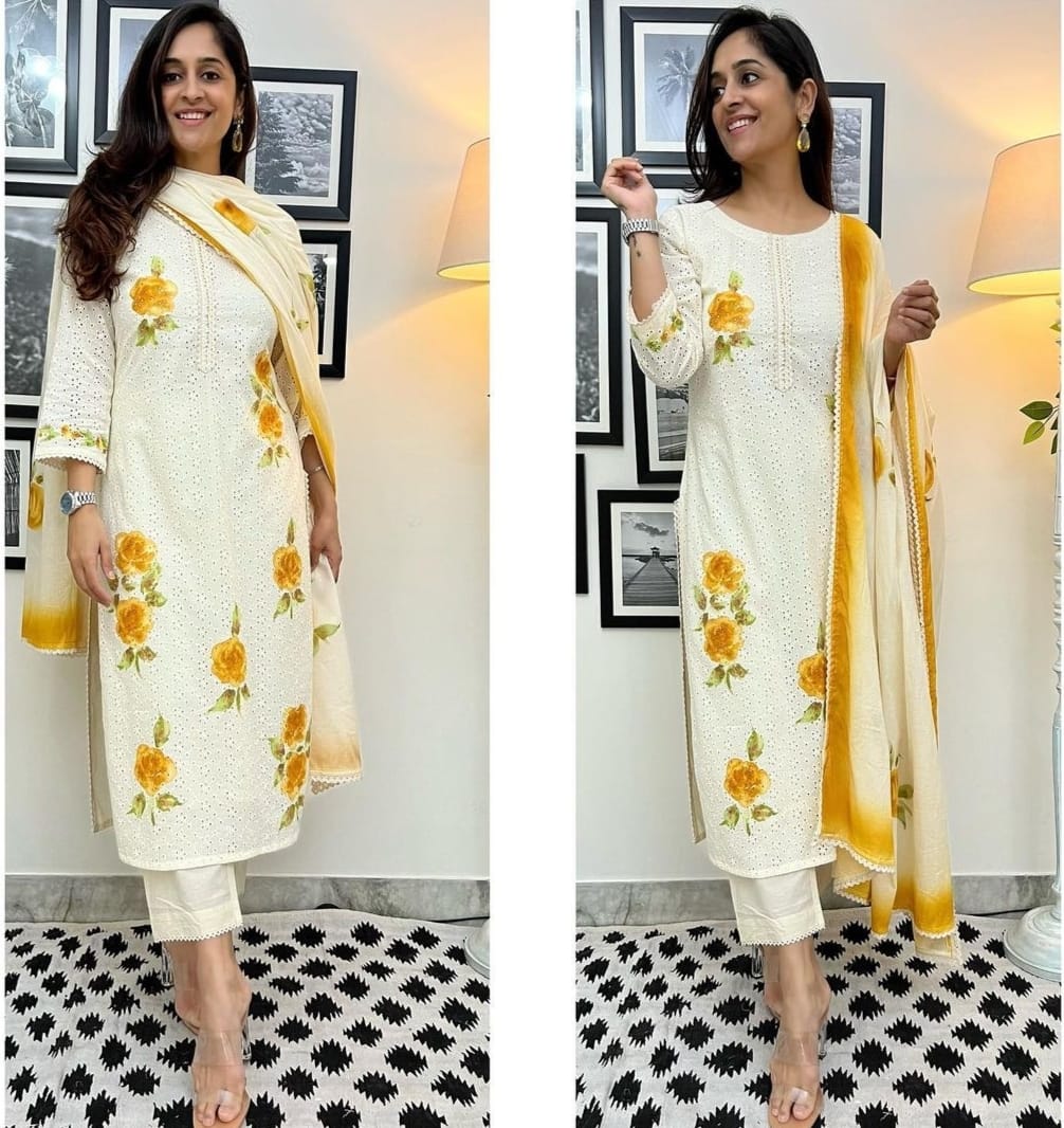 Shifli Work Hand Painted Cotton Kurti Pant And Dupatta Set