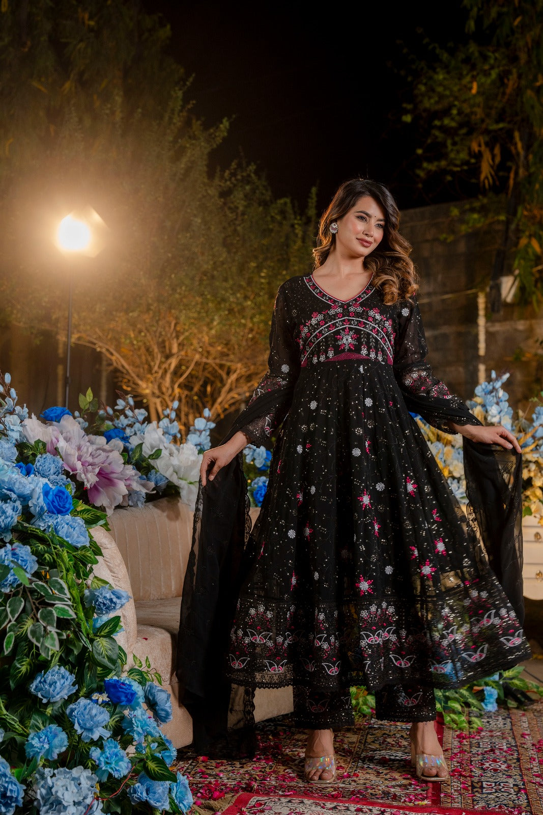 Black Georgette Party Wear Anarkali Kurta Set With Threadwork On Yoke jaipurtrendzbyruchita