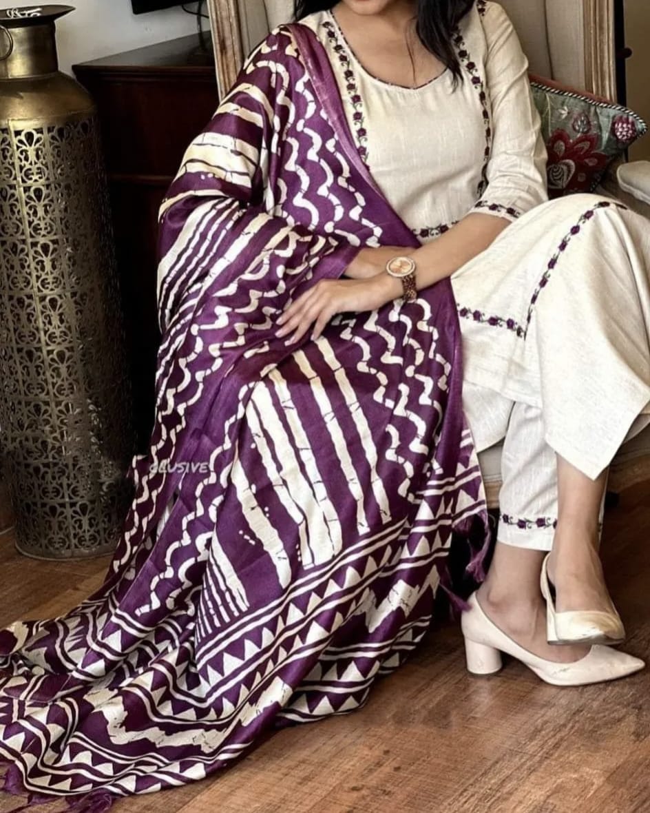 White And Purple Handloom Cotton Kurta Pant And Khadi Silk Ikkat Print Dupatta Set