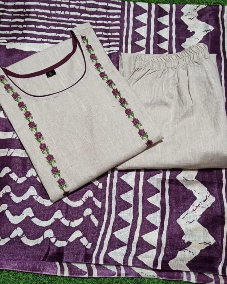 White And Purple Handloom Cotton Kurta Pant And Khadi Silk Ikkat Print Dupatta Set