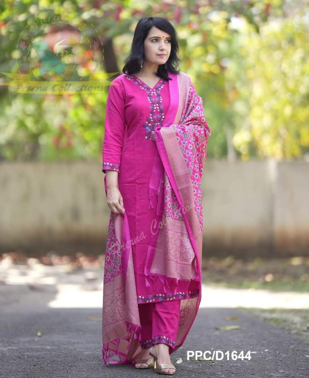 Heavy Cotton Embroidery Work Suit Set With Silk Dupatta