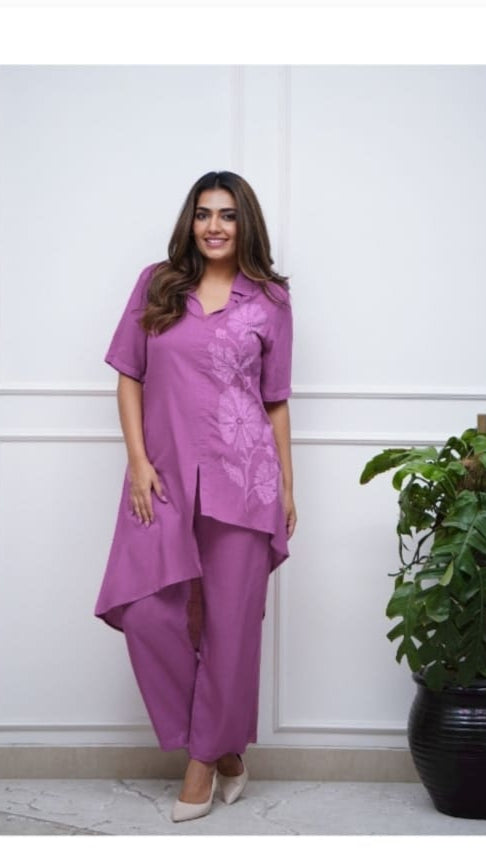 Stunning Embroidered Cotton Cord Sets (Lavender Color)