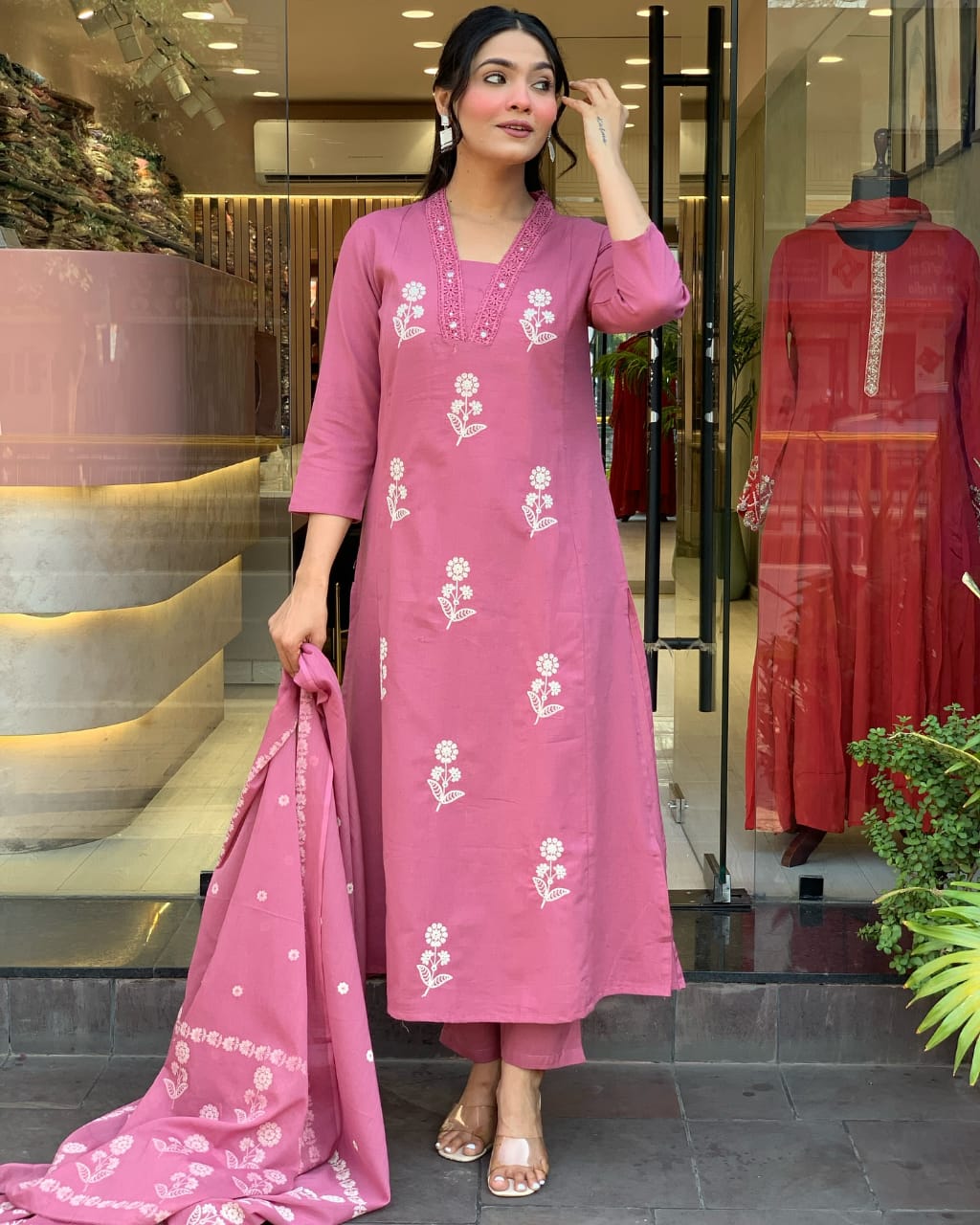 Pure Cotton Flex Flower Print 3 Piece Suit Set