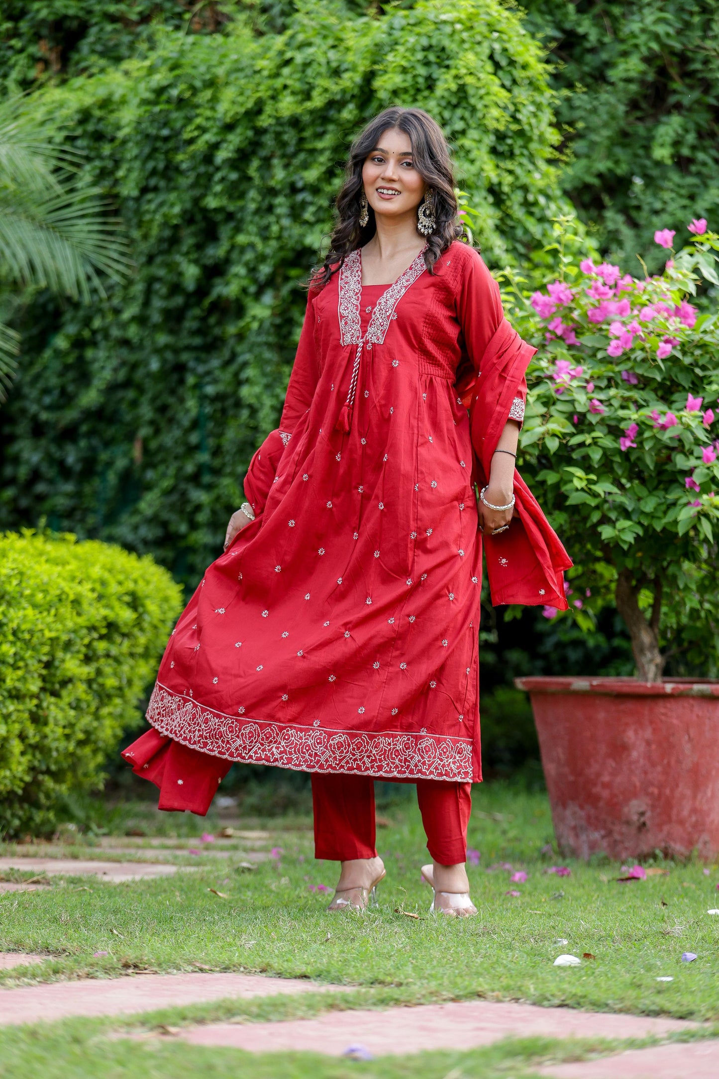 Pure Mal Cotton V Neck Suit Set With Dupatta