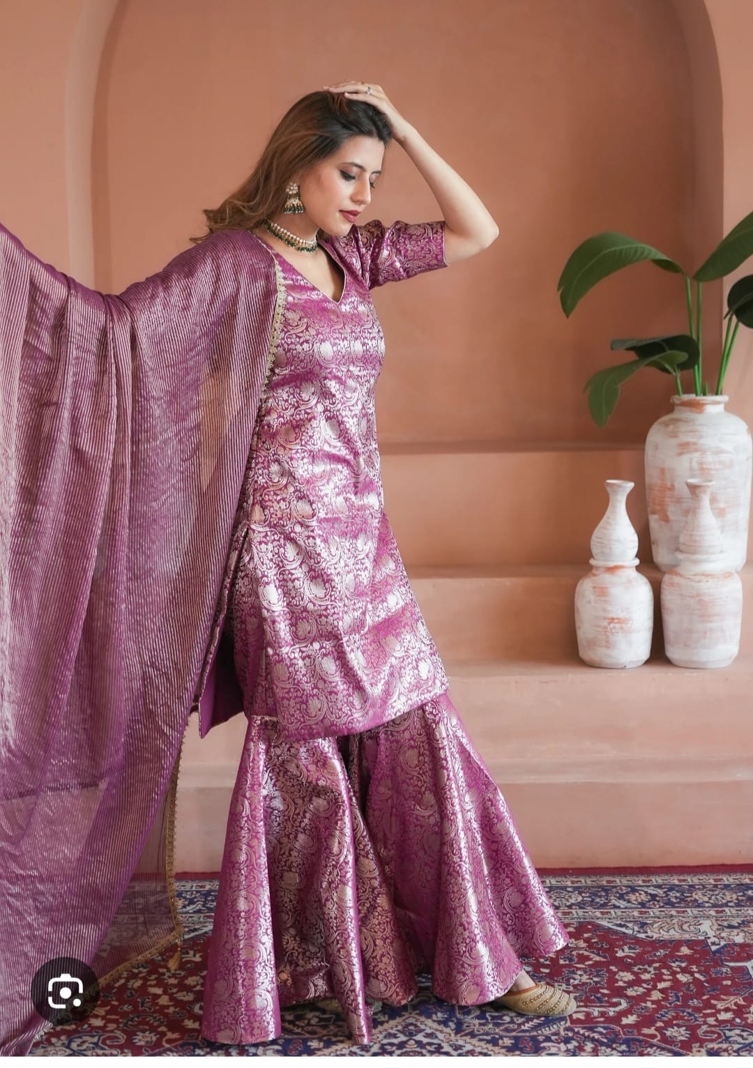 Royal Magenta Brocade Kurta & Flared Sharara with Striped Dupatta