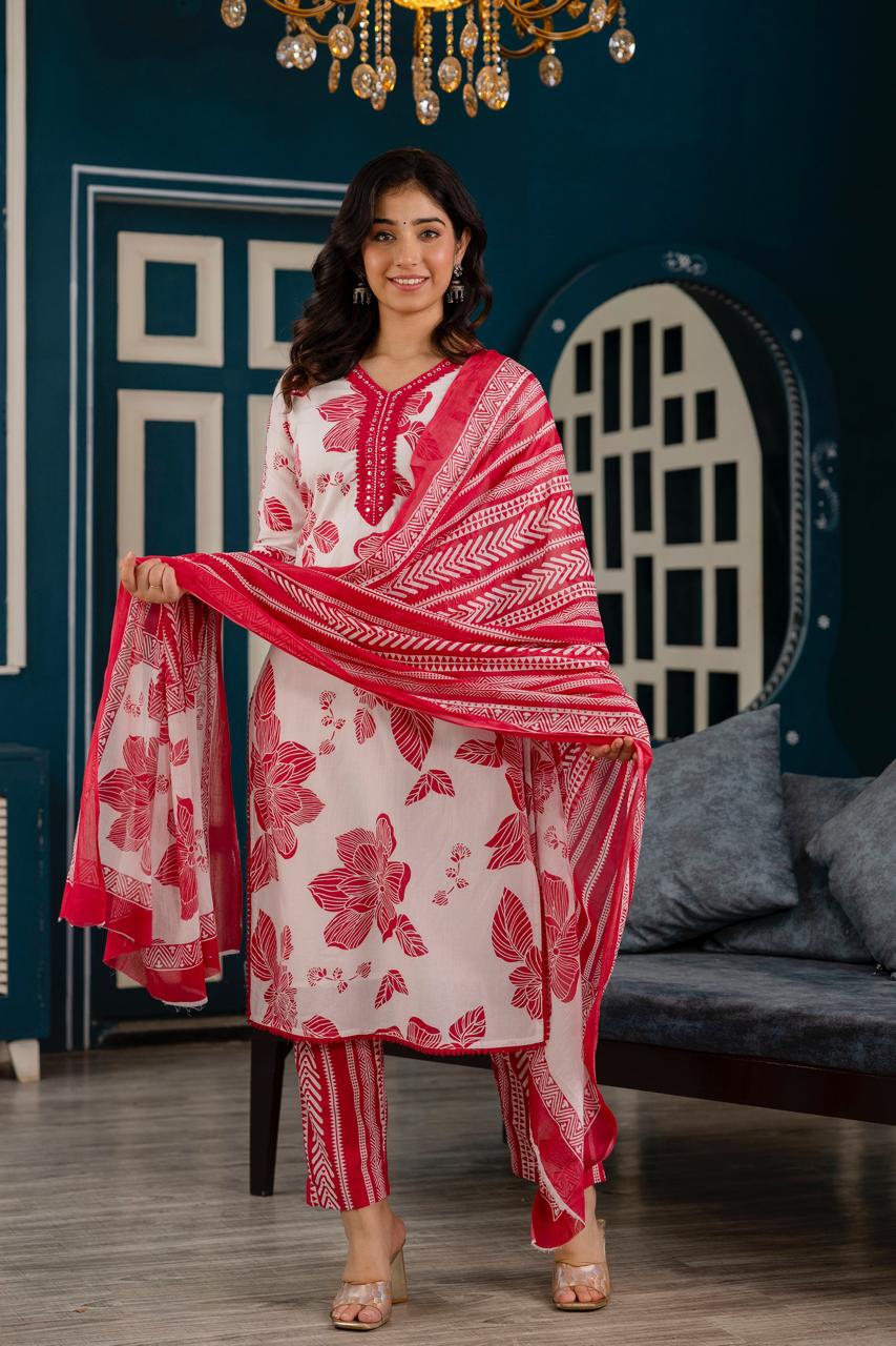 Cotton Three Piece Set Straight Cut With Hand Embroidery