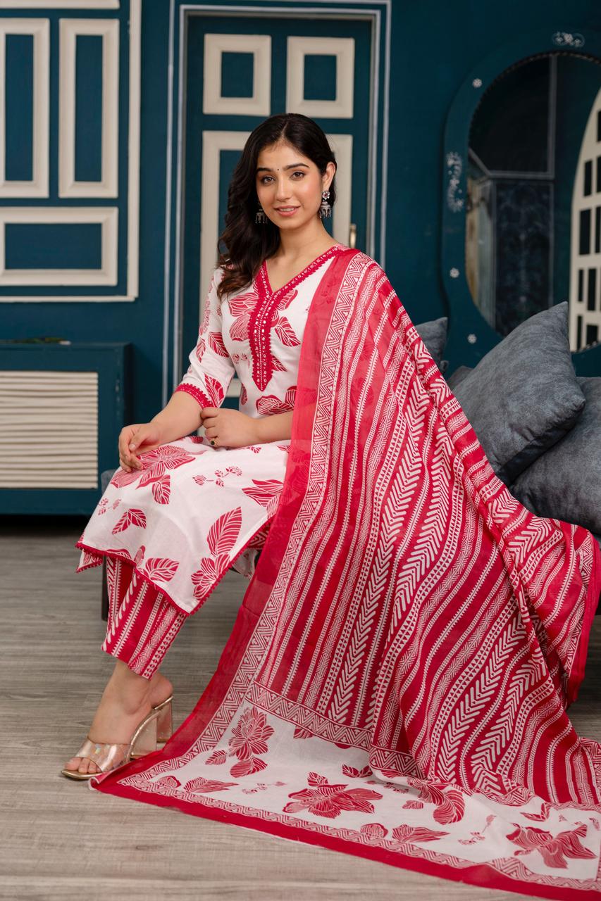 Cotton Three Piece Set Straight Cut With Hand Embroidery