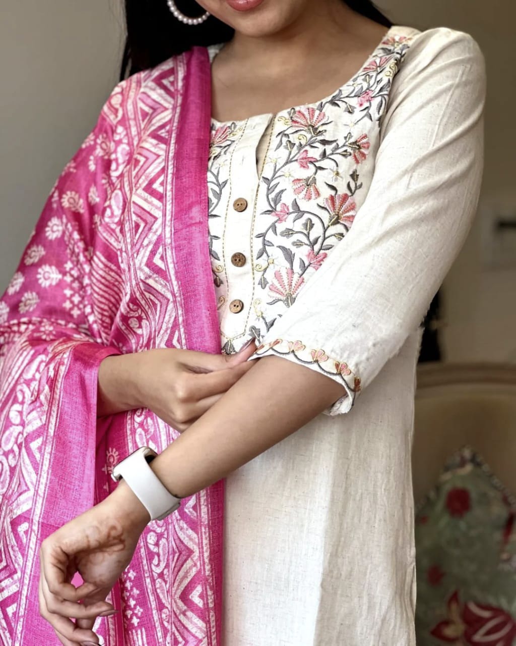 Cotton Three Piece Set Straight Cut With Hand Embroidery
