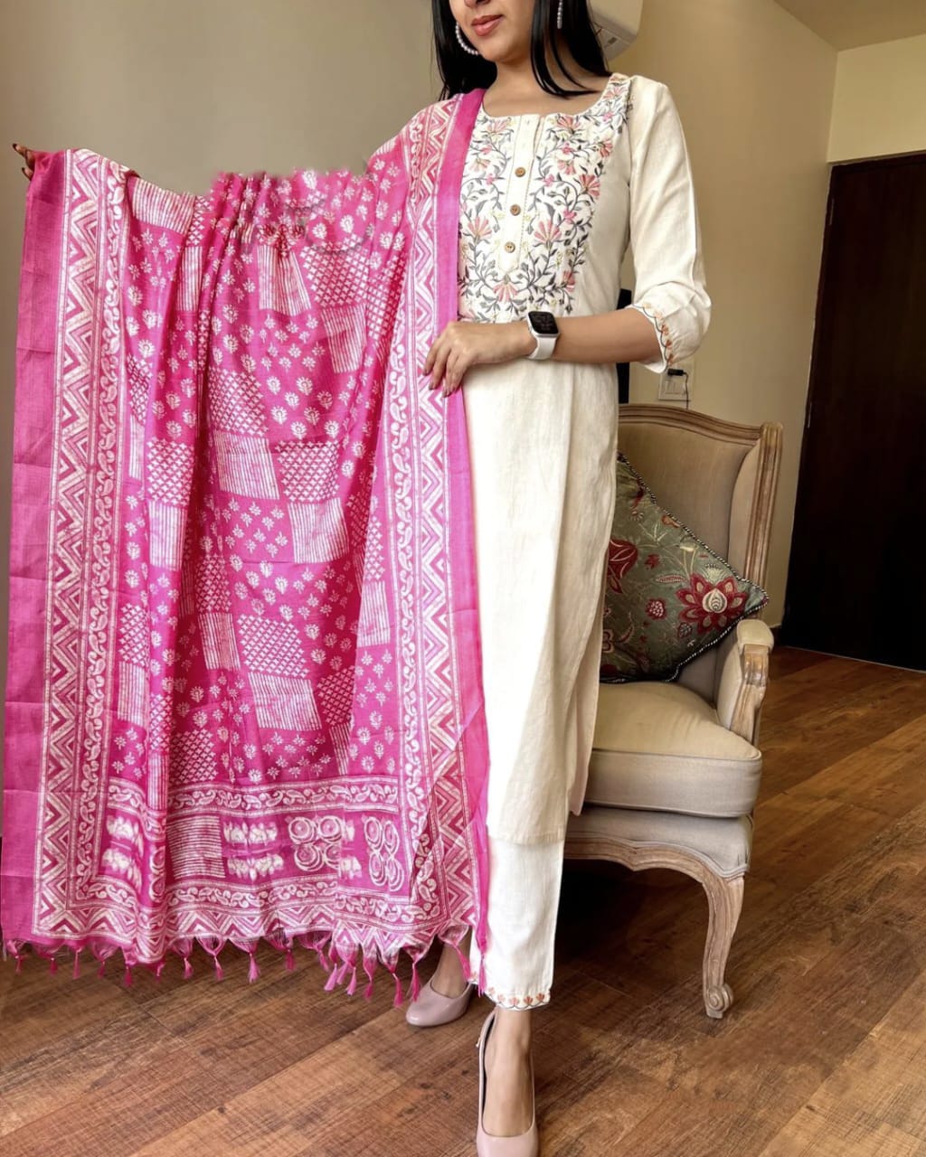 Cotton Three Piece Set Straight Cut With Hand Embroidery