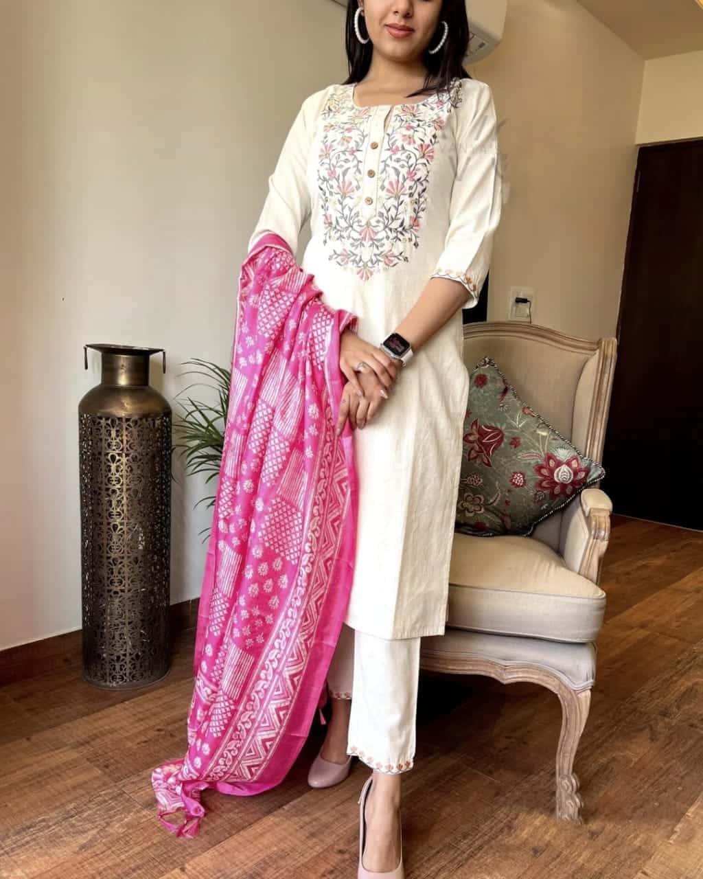 Cotton Three Piece Set Straight Cut With Hand Embroidery