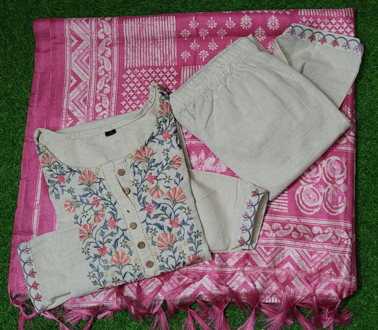 Cotton Three Piece Set Straight Cut With Hand Embroidery