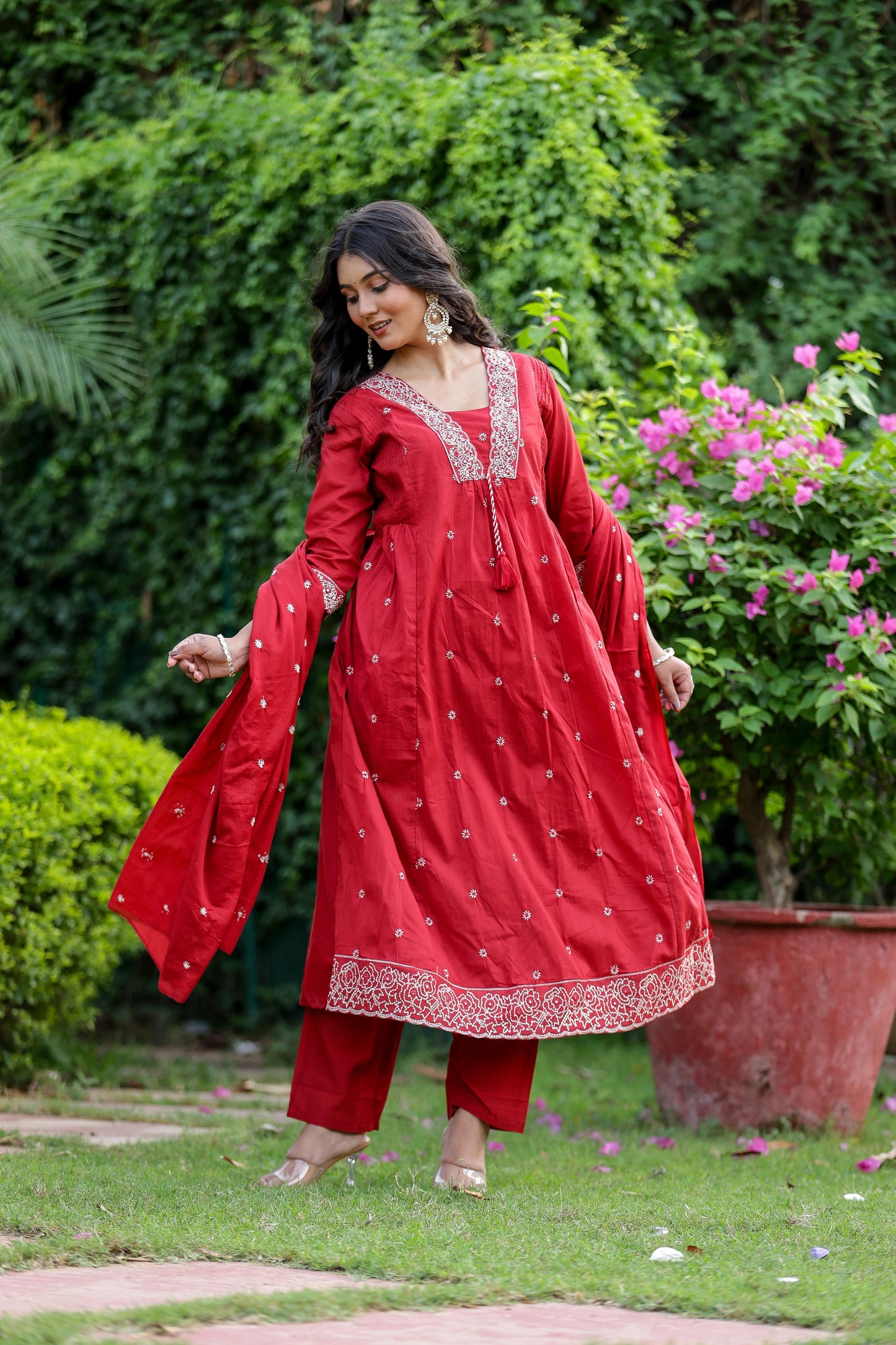 Pure Mal Cotton V Neck Suit Set With Dupatta