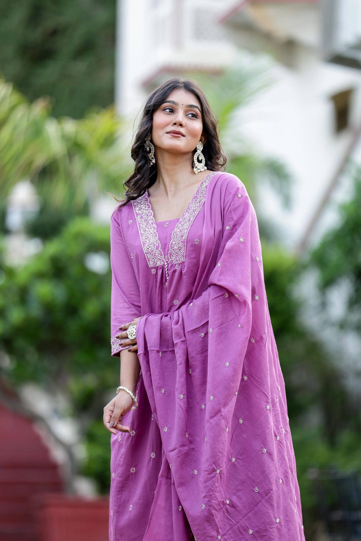 Pure Mal Cotton V Neck Suit Set With Dupatta