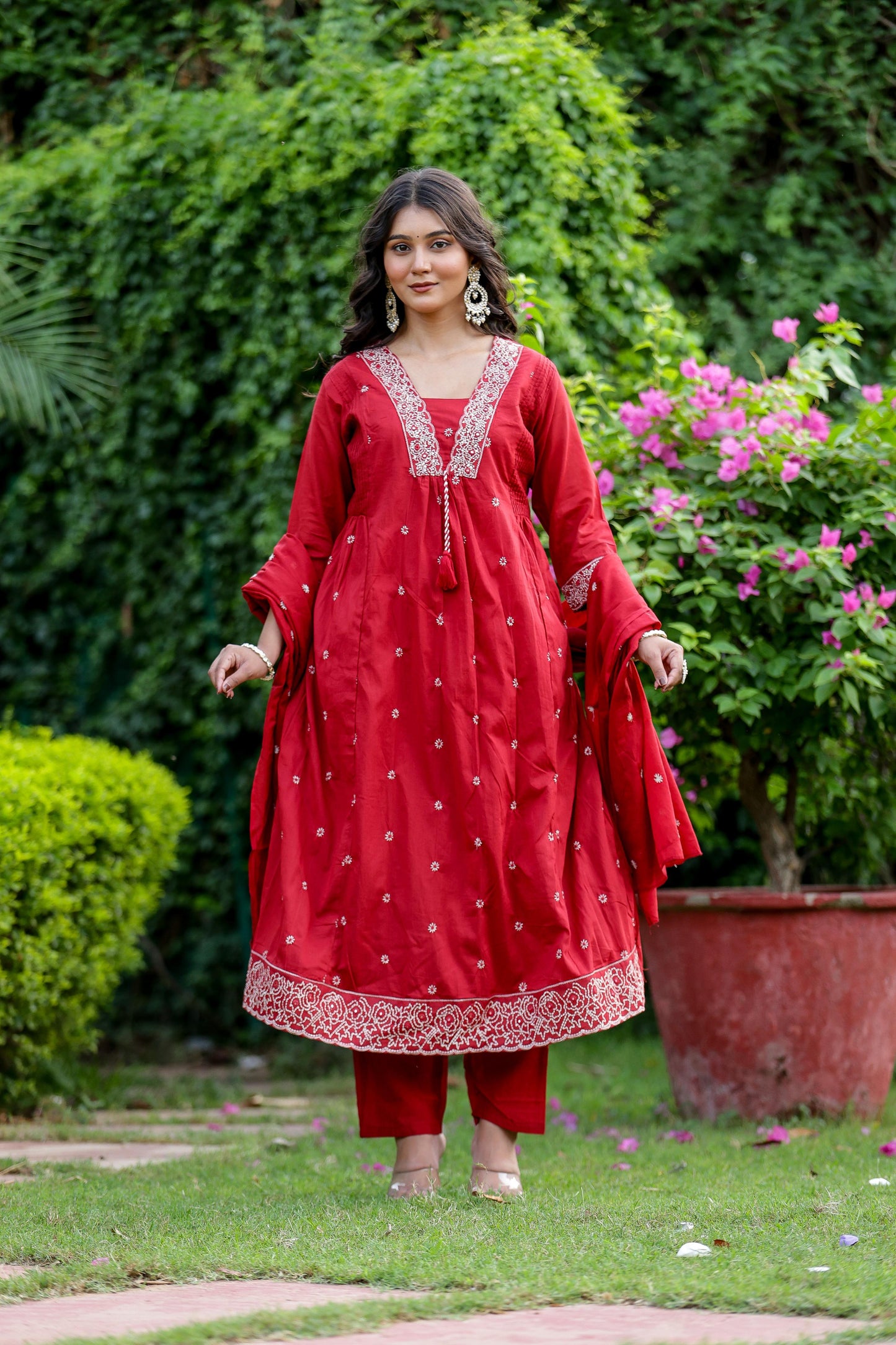 Pure Mal Cotton V Neck Suit Set With Dupatta