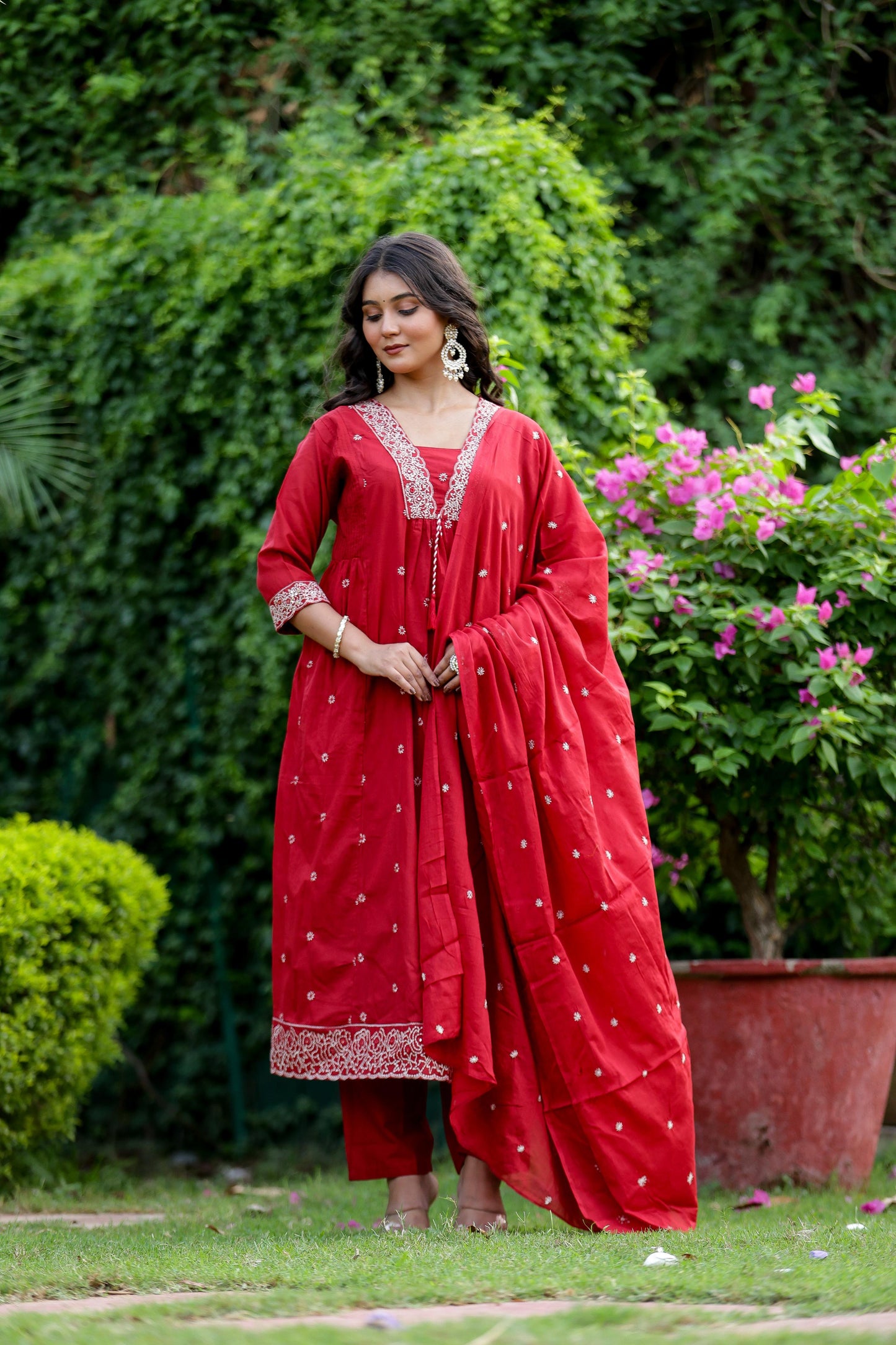 Pure Mal Cotton V Neck Suit Set With Dupatta