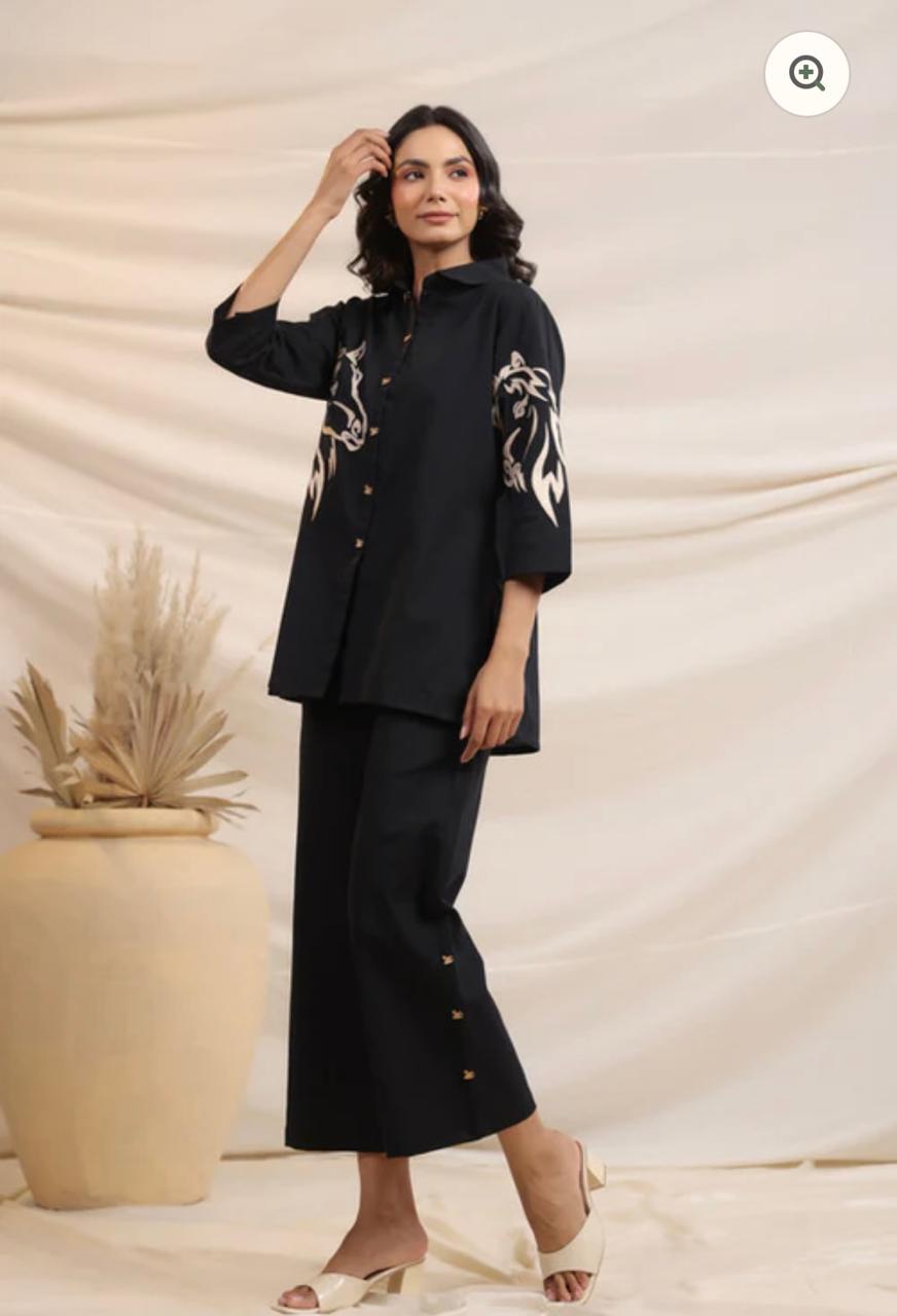 Heavy Cotton Black Beads And Thread Work Co-Ord Set