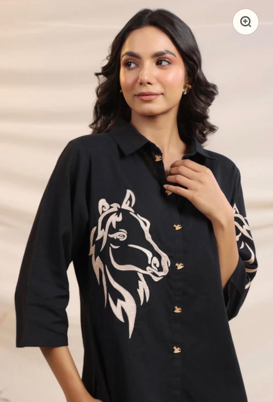 Heavy Cotton Black Beads And Thread Work Co-Ord Set