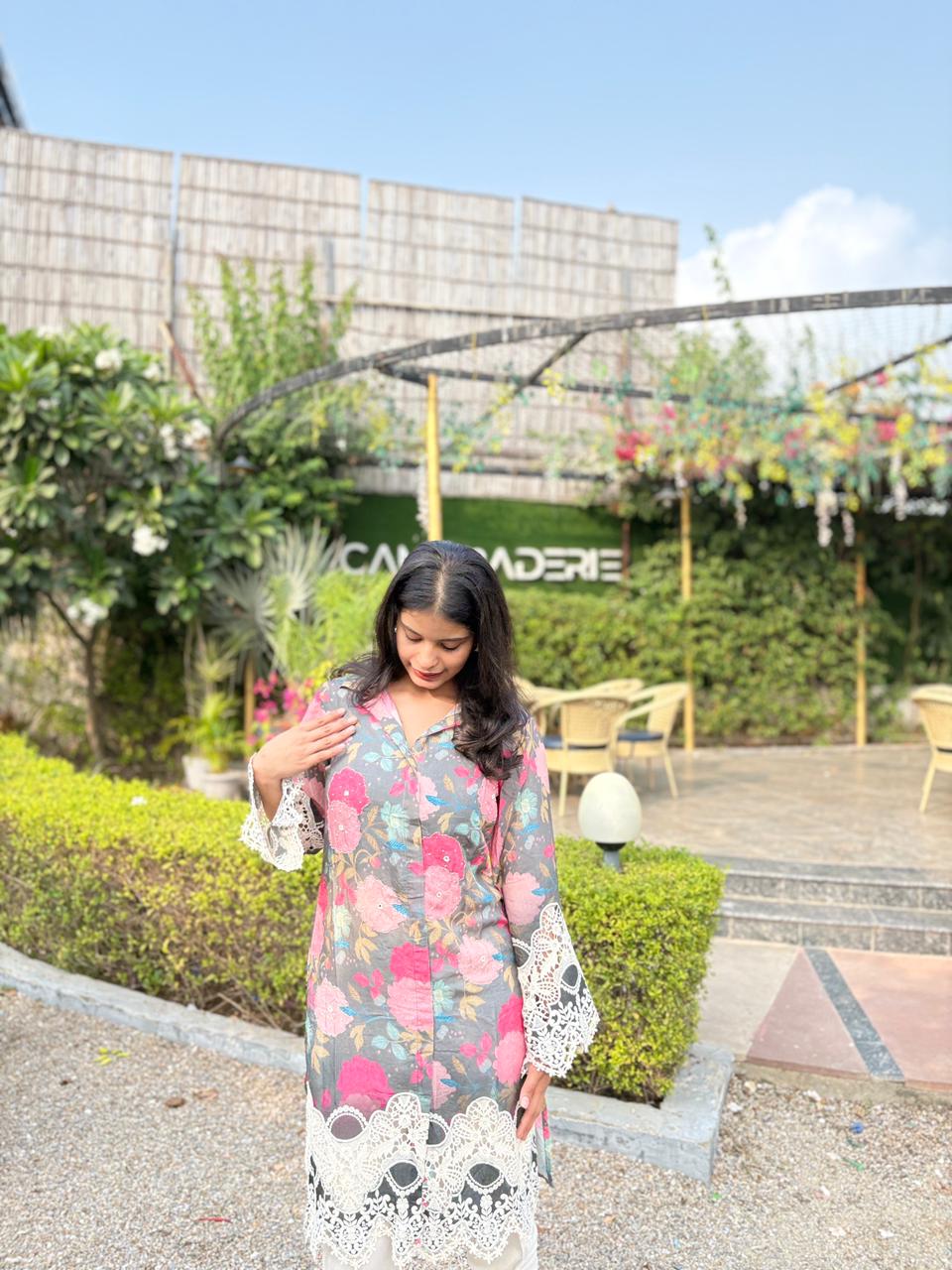 Abstract Floral Printed Embroidered Straight Fit Kurta with Dhoti Pant - Multi