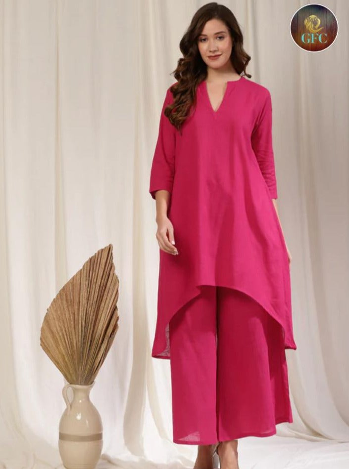 Slub Cotton High-Low Kurta Set With Flared Palazzo